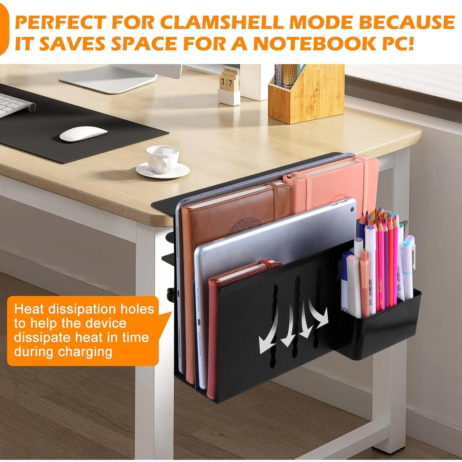 Desk Side Storage, 2 Tier Steel Hanging Organizer, No Drill Side Desk Organizer, Laptop Holder, with Pen Holder, For Office Supplies & Studio Essentials Black