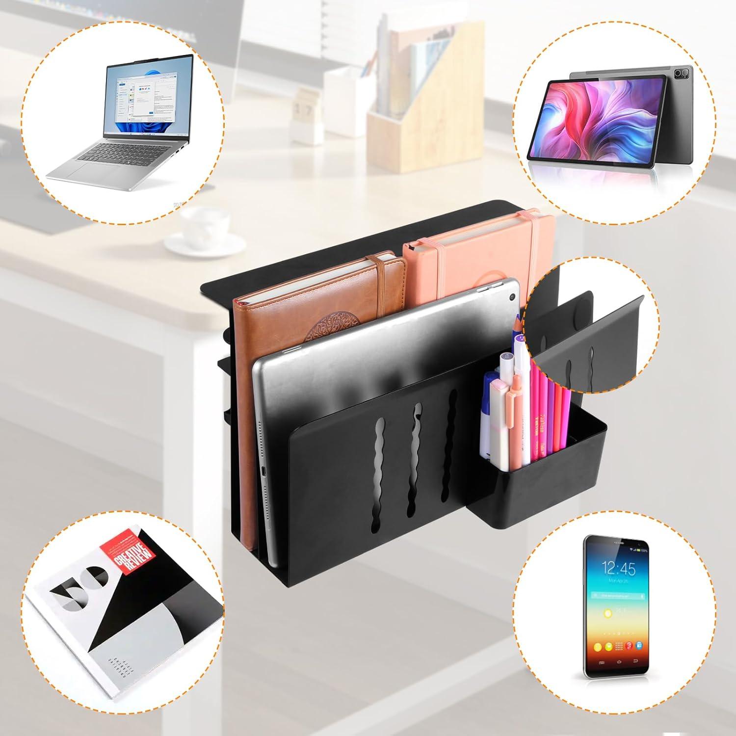 Desk Side Storage, 2 Tier Steel Hanging Organizer, No Drill Side Desk Organizer, Laptop Holder, with Pen Holder, For Office Supplies & Studio Essentials Black