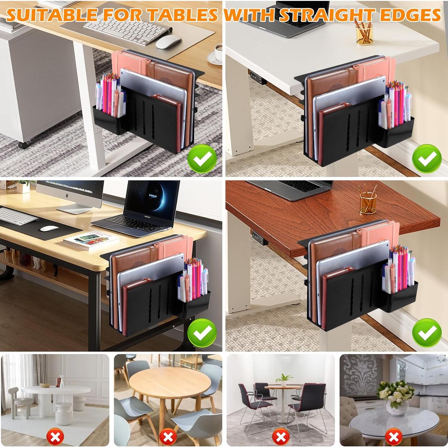 Desk Side Storage, 2 Tier Steel Hanging Organizer, No Drill Side Desk Organizer, Laptop Holder, with Pen Holder, For Office Supplies & Studio Essentials Black