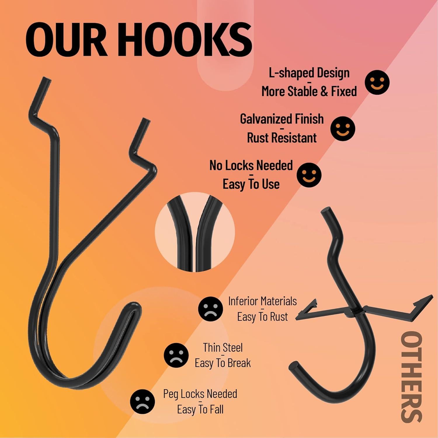 Ganchos en J HUHOLE 80 Piezas 1" Negros para Tablero de Clavos