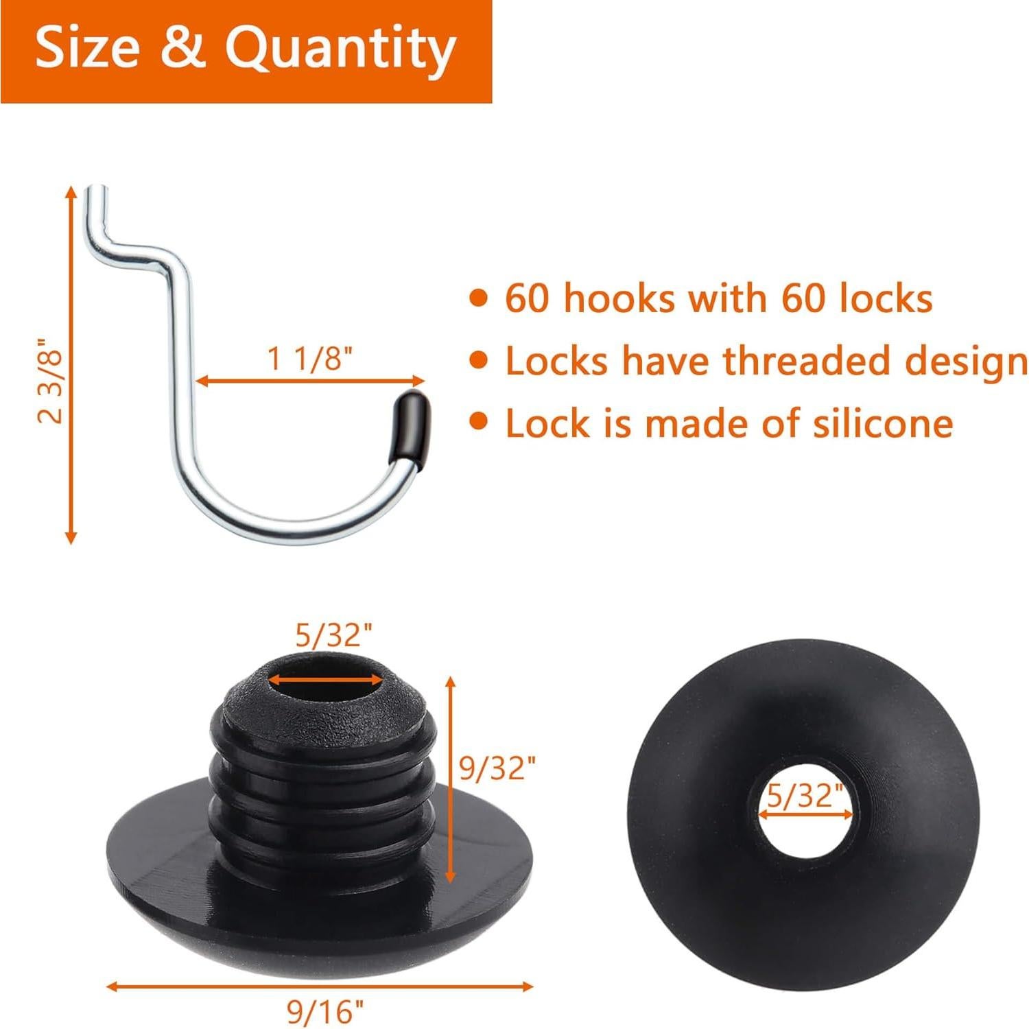 60 Ganchos J para Tablero Perforado MENEONE con Bloqueos