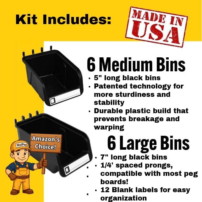 Bins de Tablero de Clavos WallPeg - 6 de 17.78 cm y 6 de 12.7 cm