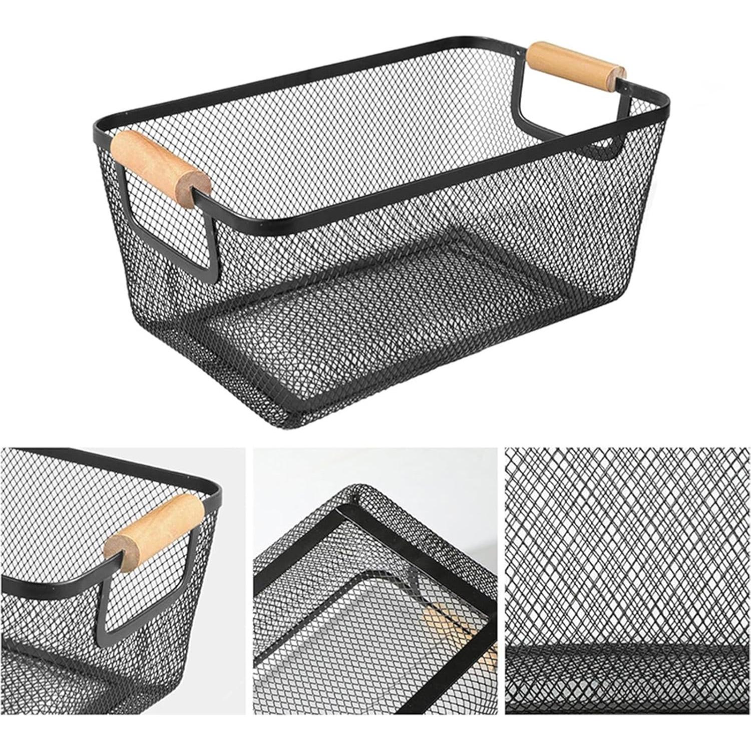 Cesta de Almacenamiento Grande AJIODA de Metal y Madera Negra