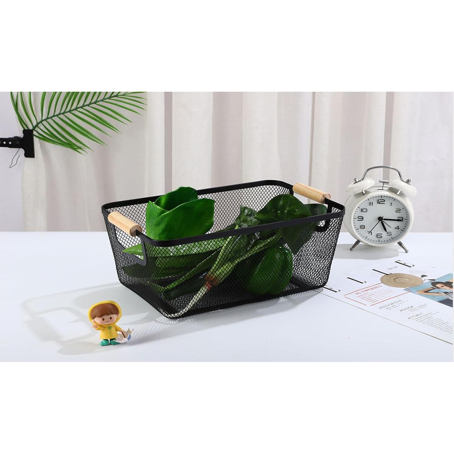 Cesta de Almacenamiento Grande AJIODA de Metal y Madera Negra