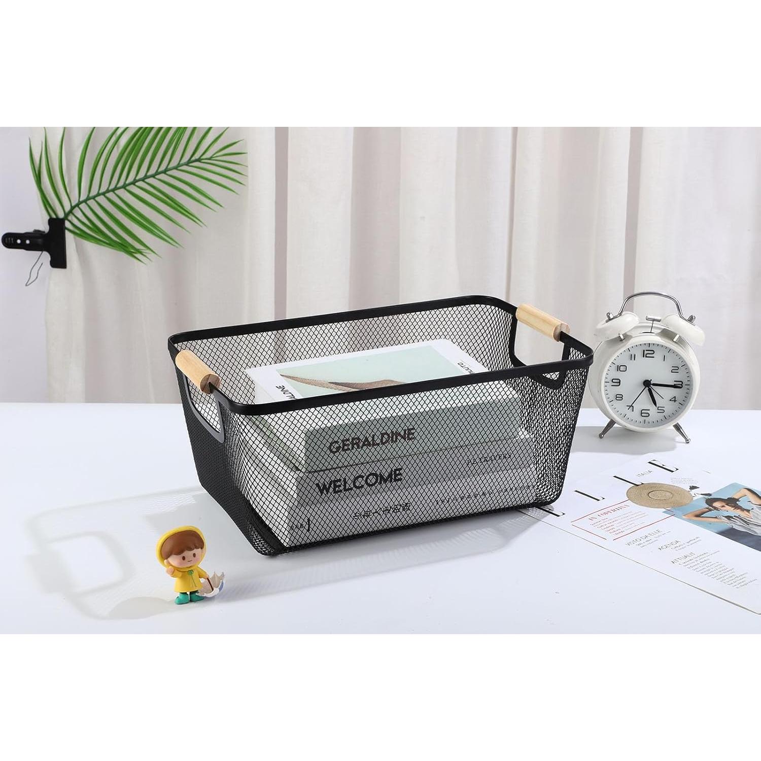 Cesta de Almacenamiento Grande AJIODA de Metal y Madera Negra