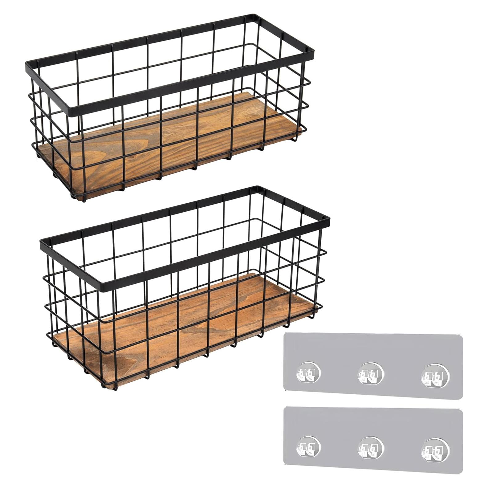 Cestas de Almacenamiento TIEYIPIN de Metal Negro y Madera - Juego de 2