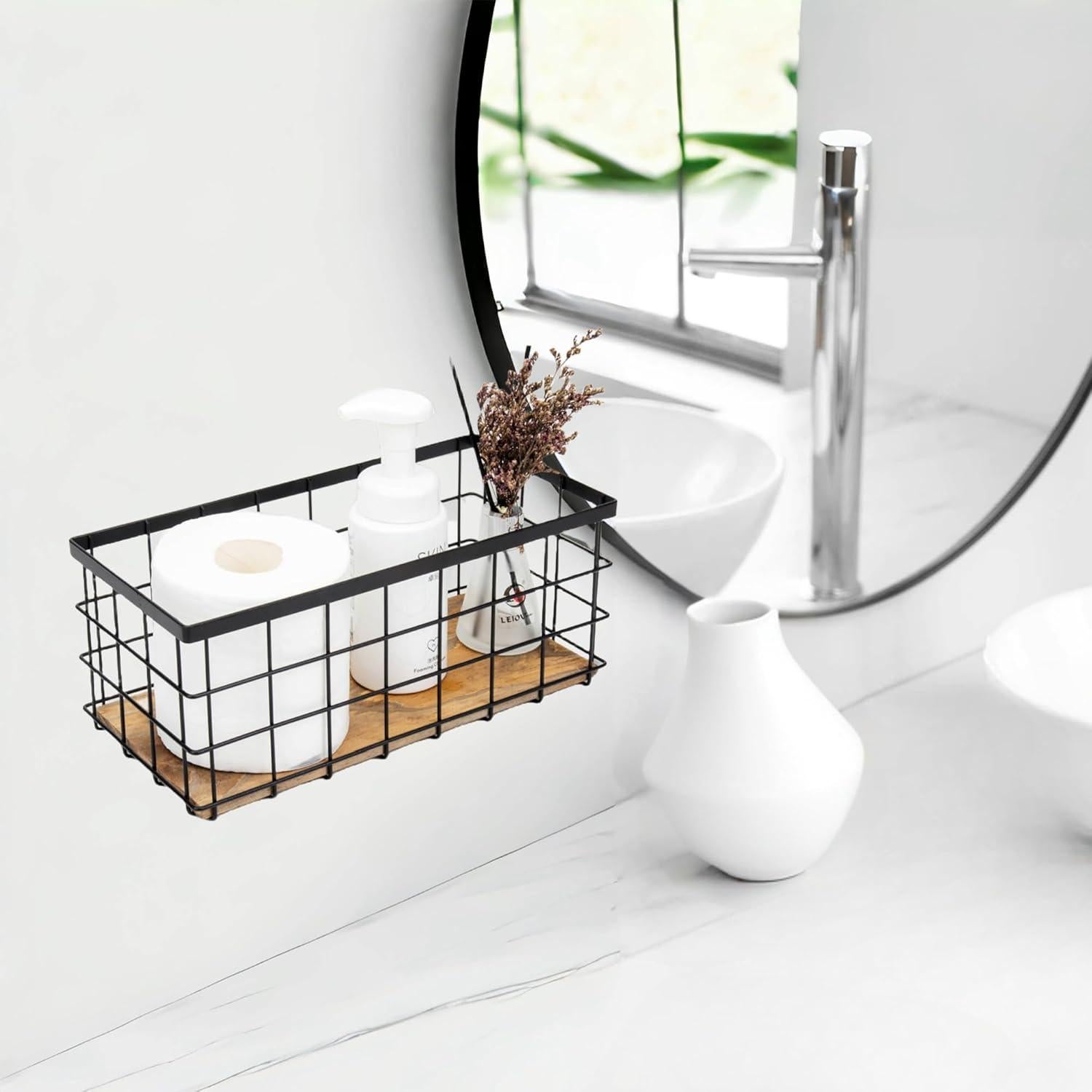 Cestas de Almacenamiento TIEYIPIN de Metal Negro y Madera - Juego de 2