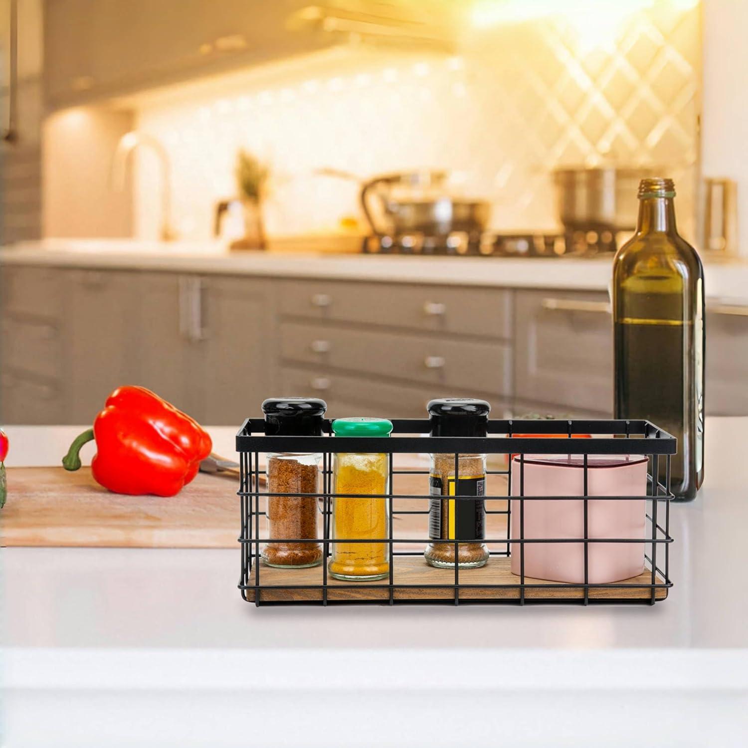 Cestas de Almacenamiento TIEYIPIN de Metal Negro y Madera - Juego de 2