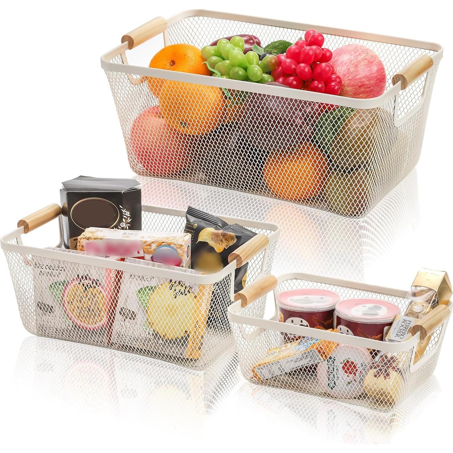 Conjunto de 3 cestas de malla metálica Noamus con mango de madera