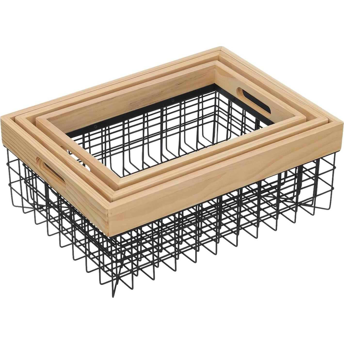 Juego de 3 Cestas de Alambre LEWIS&WAYNE con Mangos de Madera