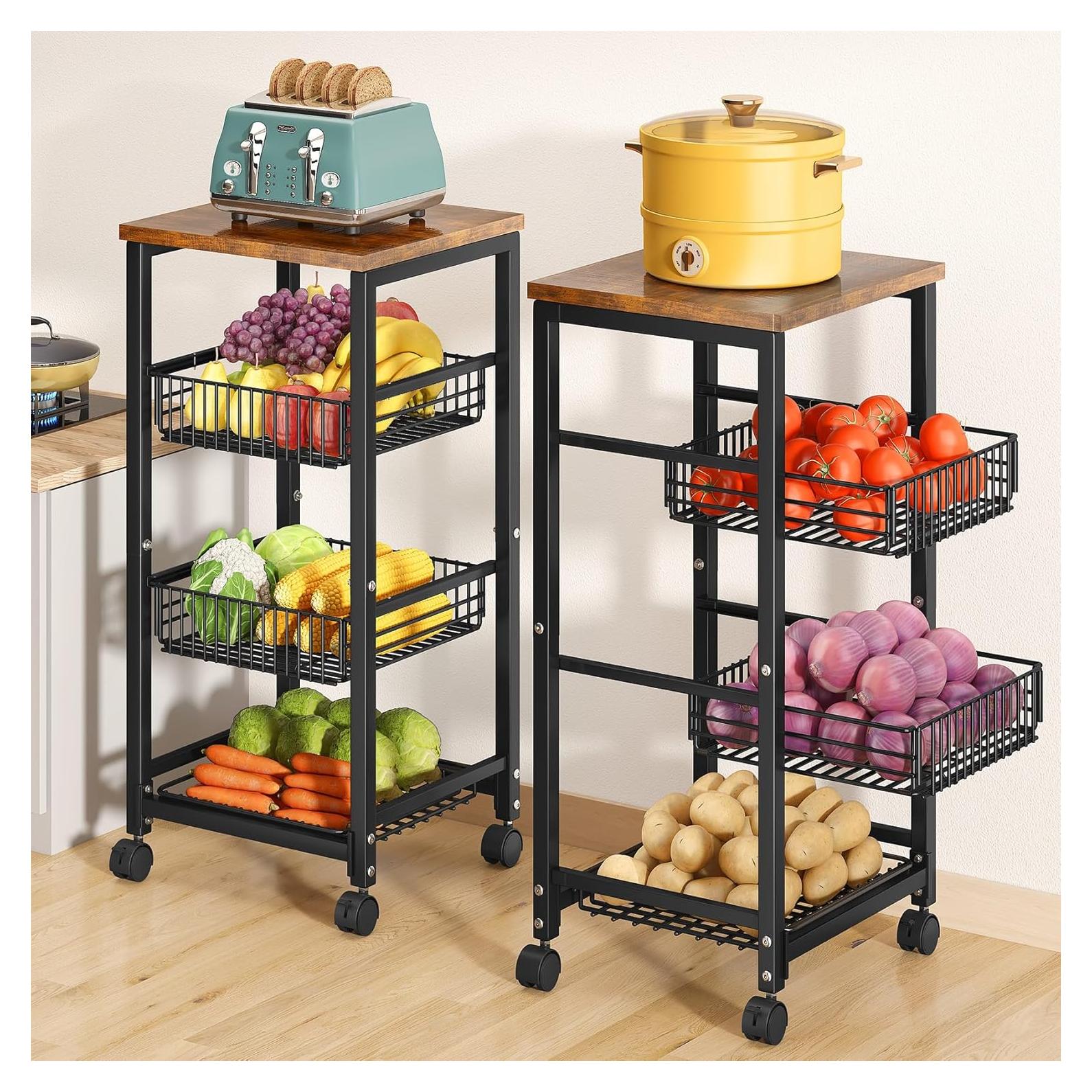 Cesta de Frutas SNTD con Soporte de Madera y 4 Niveles