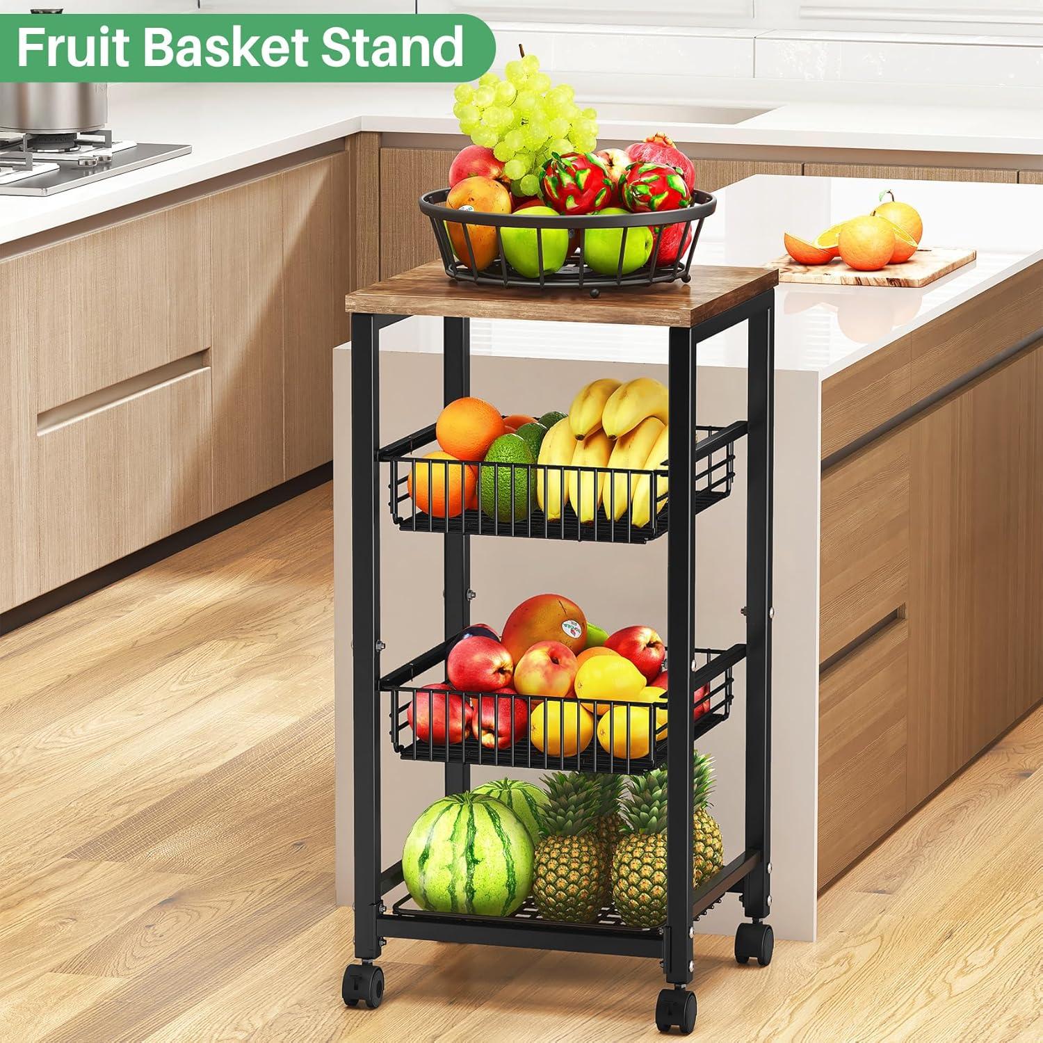 Cesta de Frutas SNTD con Soporte de Madera y 4 Niveles