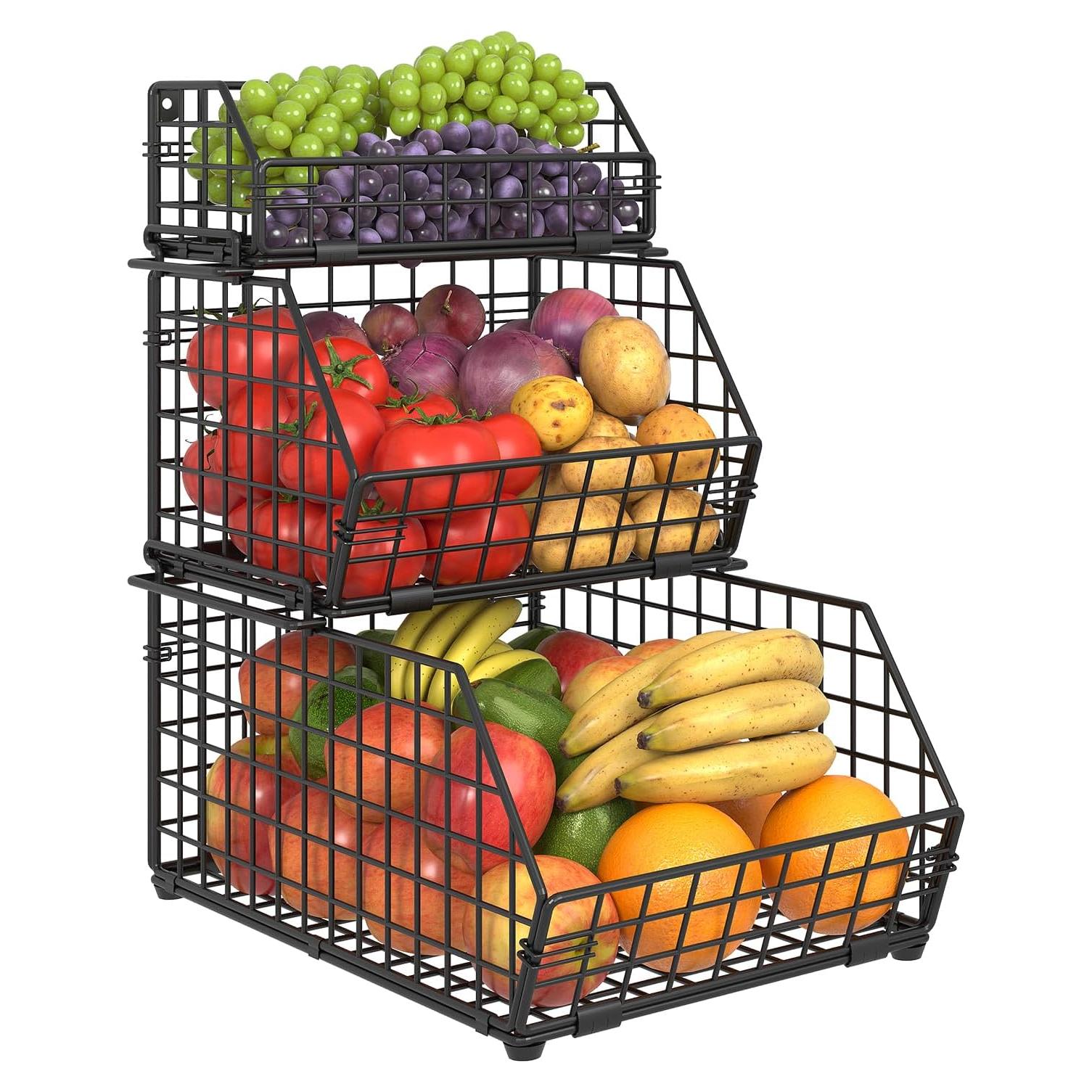 Cesta de Frutas Apilable Yuzehuaza 3 Niveles Negro Acero