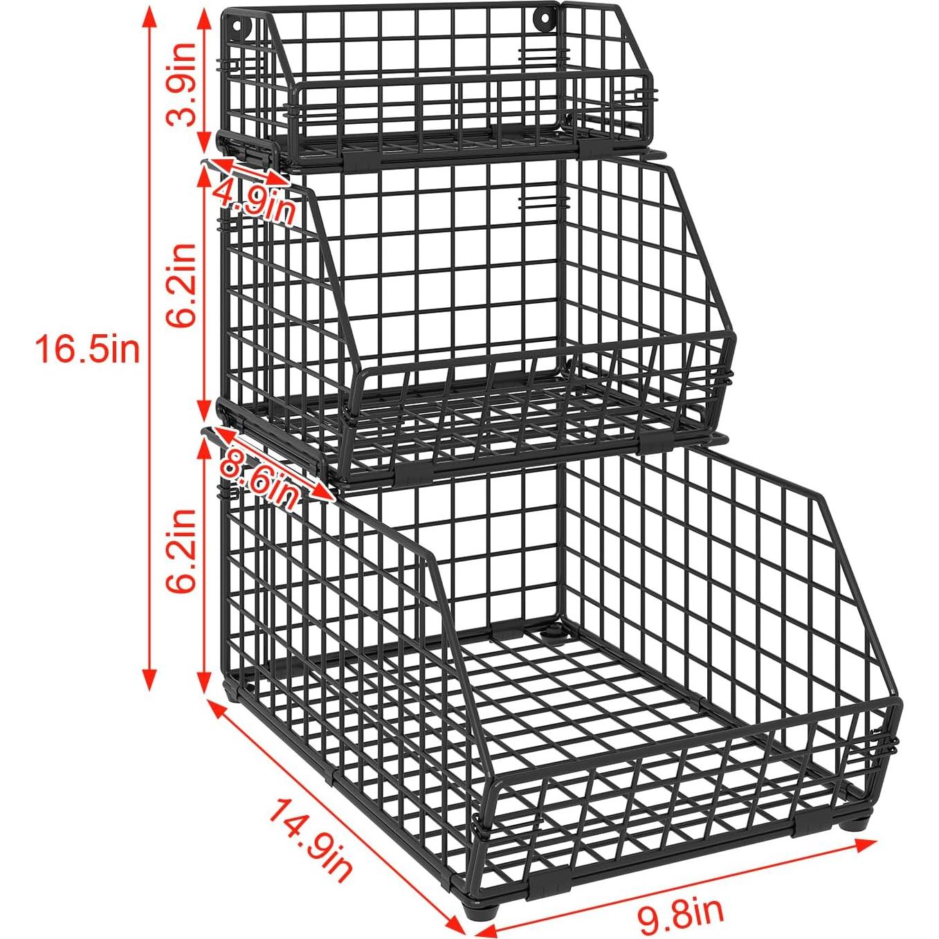 Cesta de Frutas Apilable Yuzehuaza 3 Niveles Negro Acero