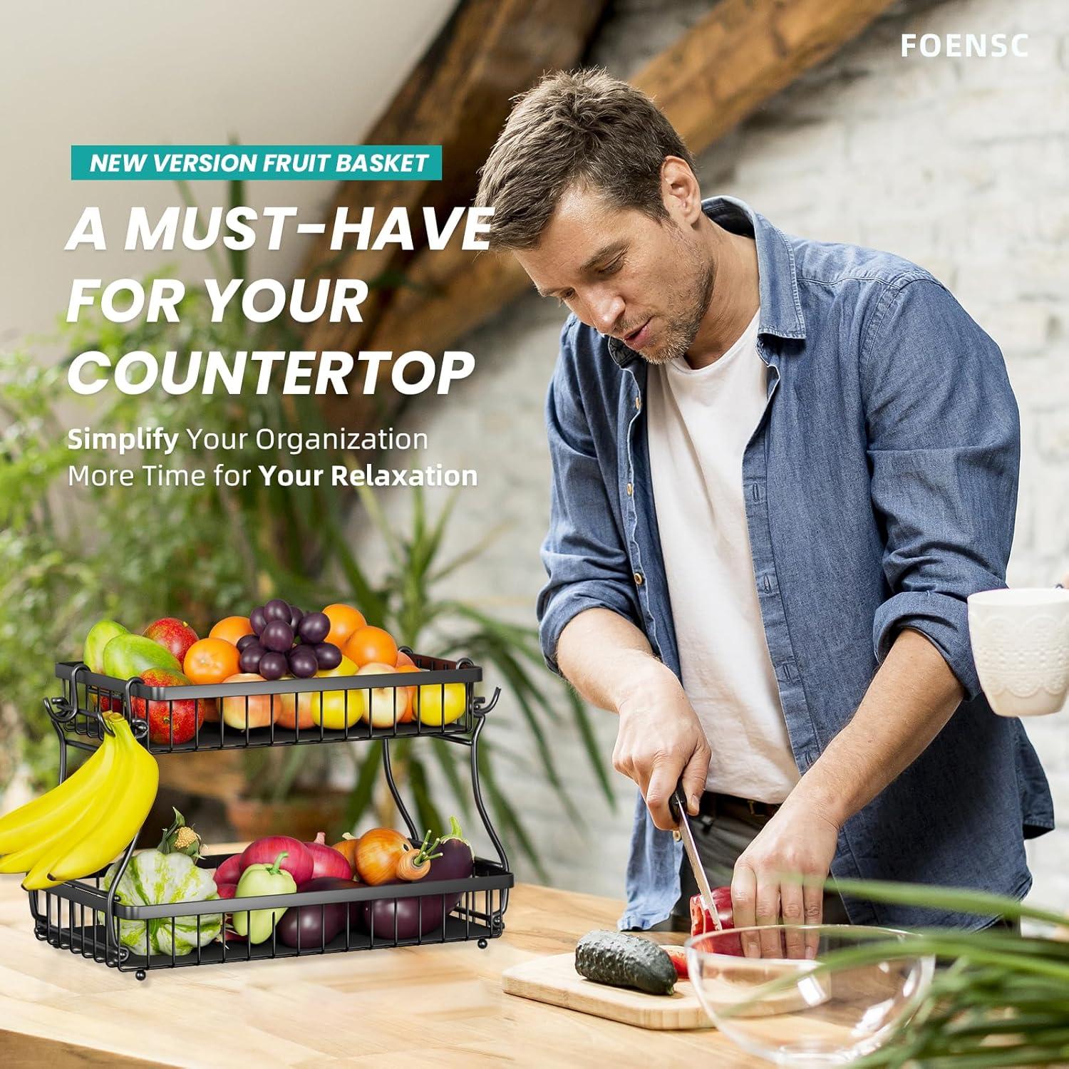 Cesta de Frutas Desmontable Foensc 2 Niveles con Soporte para Plátanos