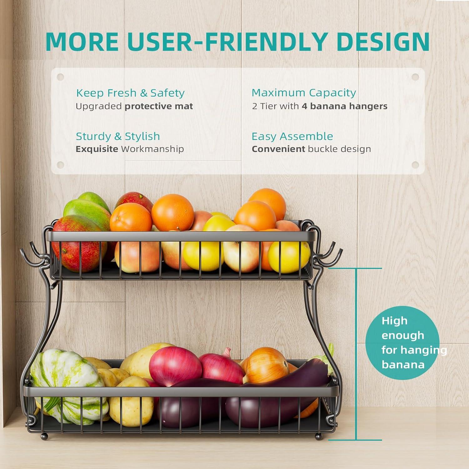 Cesta de Frutas Desmontable Foensc 2 Niveles con Soporte para Plátanos