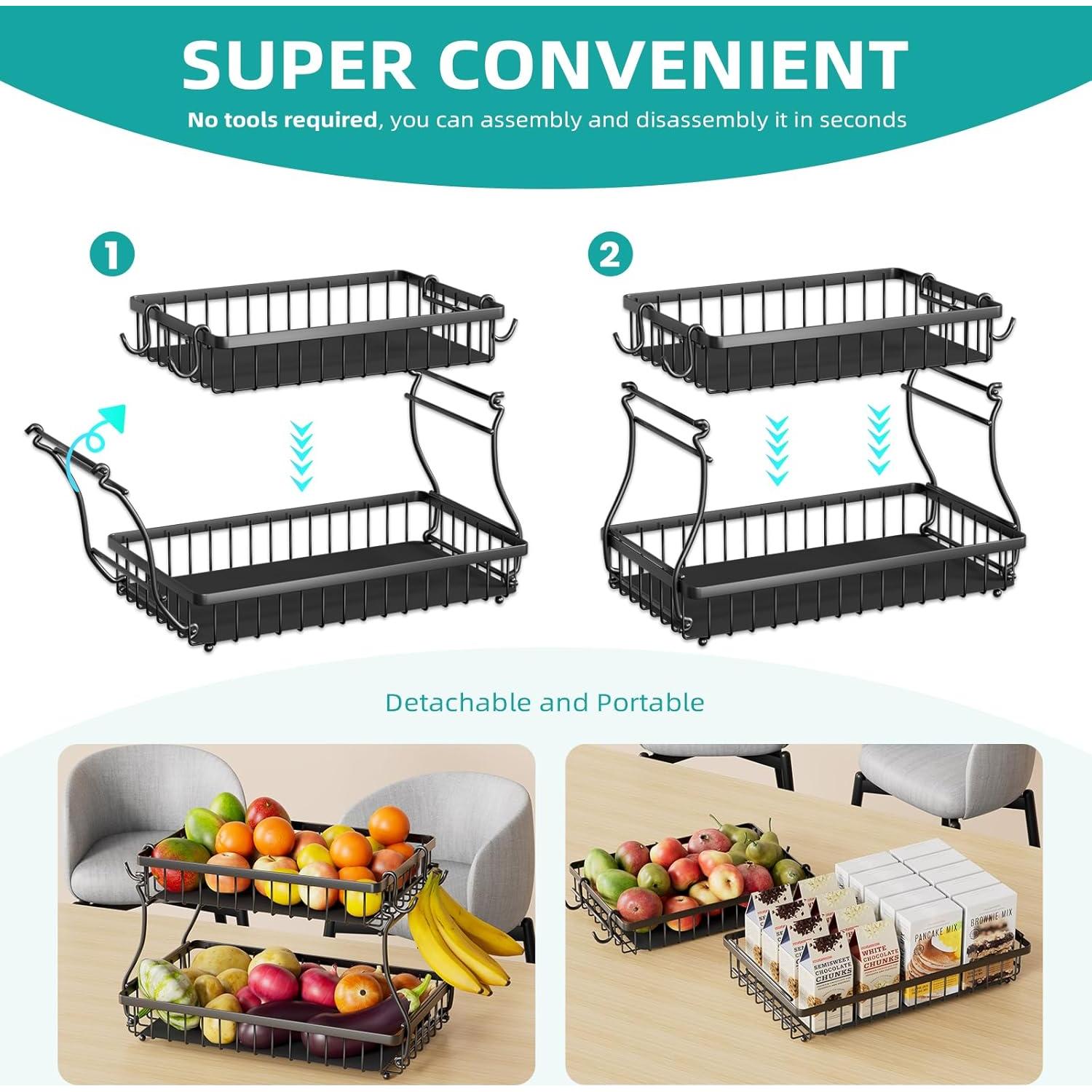 Cesta de Frutas Desmontable Foensc 2 Niveles con Soporte para Plátanos