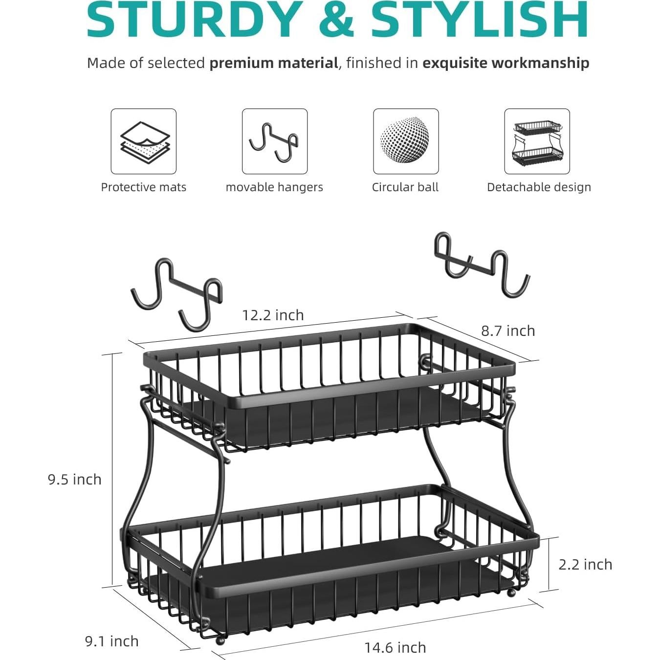 Cesta de Frutas Desmontable Foensc 2 Niveles con Soporte para Plátanos