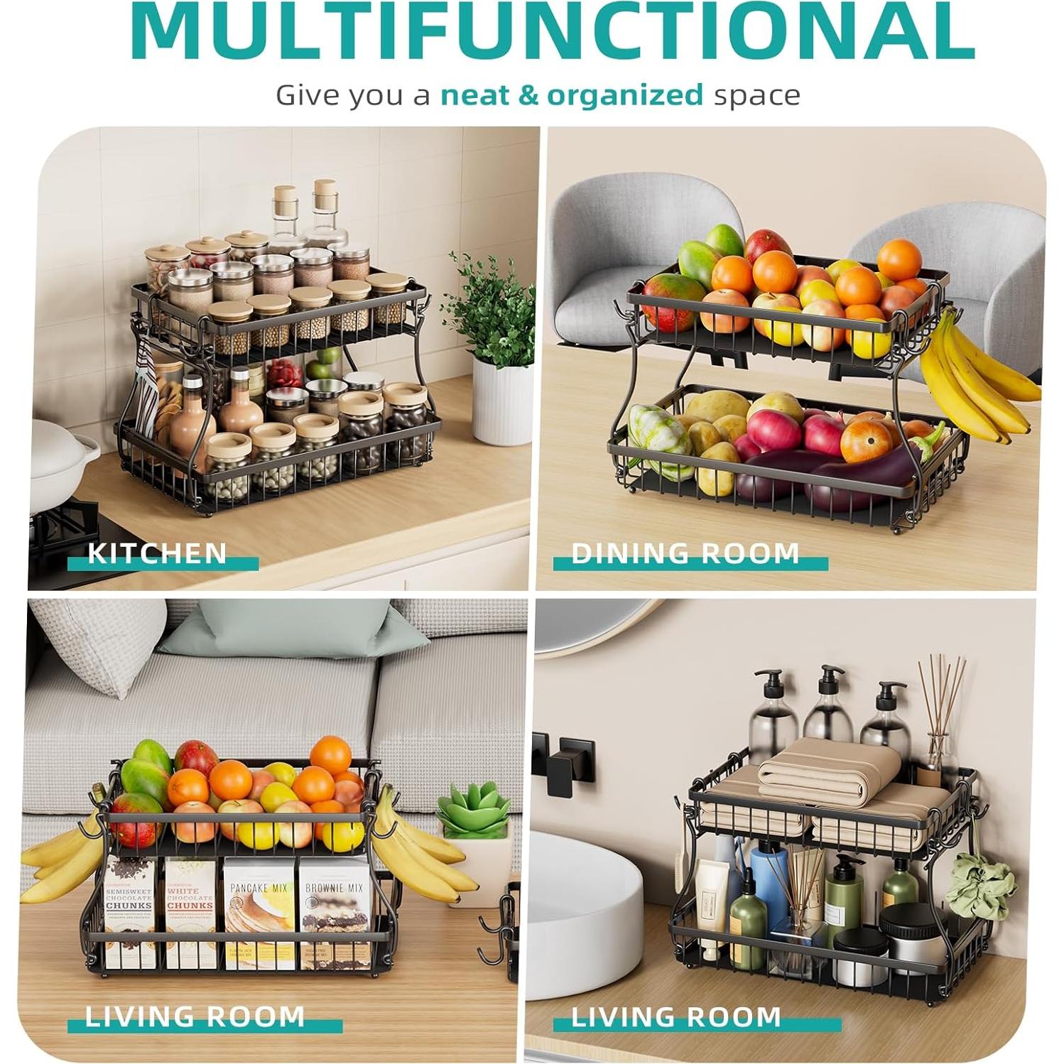 Cesta de Frutas Desmontable Foensc 2 Niveles con Soporte para Plátanos