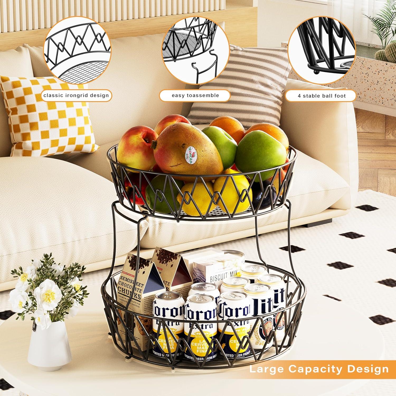 Cesta de Frutas 2 Niveles Vanzbon, Acero al Carbono, Redonda