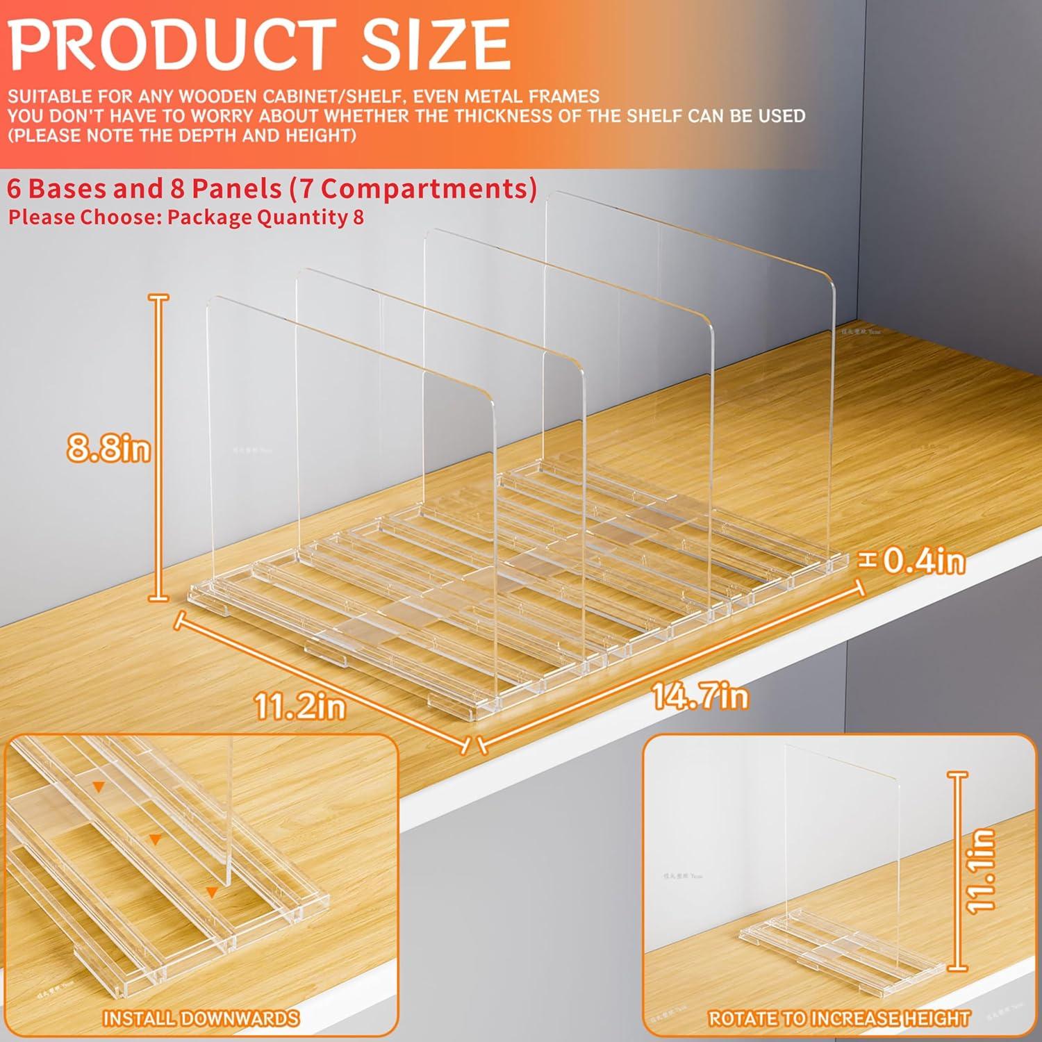 Divisores de Estante Acrílico Yieach 8 Piezas Ajustables 28.4x22.4cm
