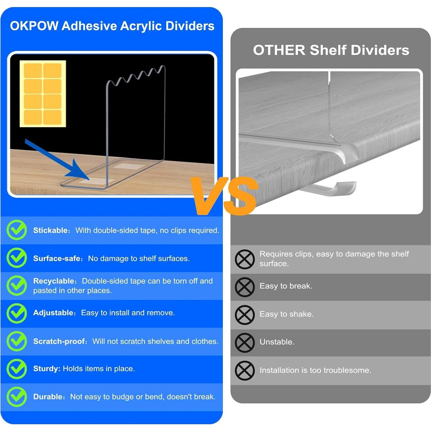 Divisores de Estante OKPOW Acrílico Claro 25.4x30.5cm 4 Piezas