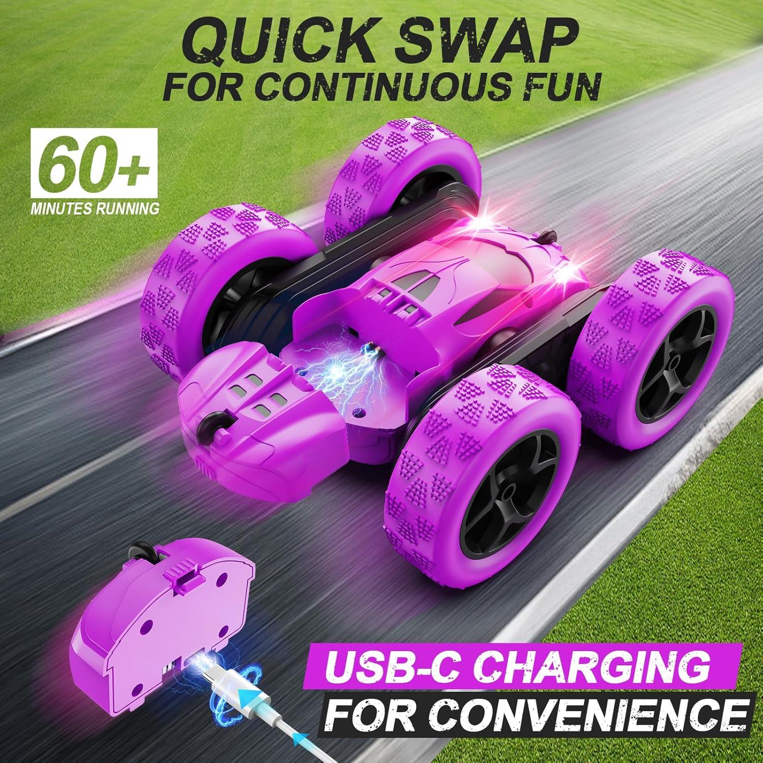 Coche RC QUNREDA Morado Doble Lado 360° para Niñas