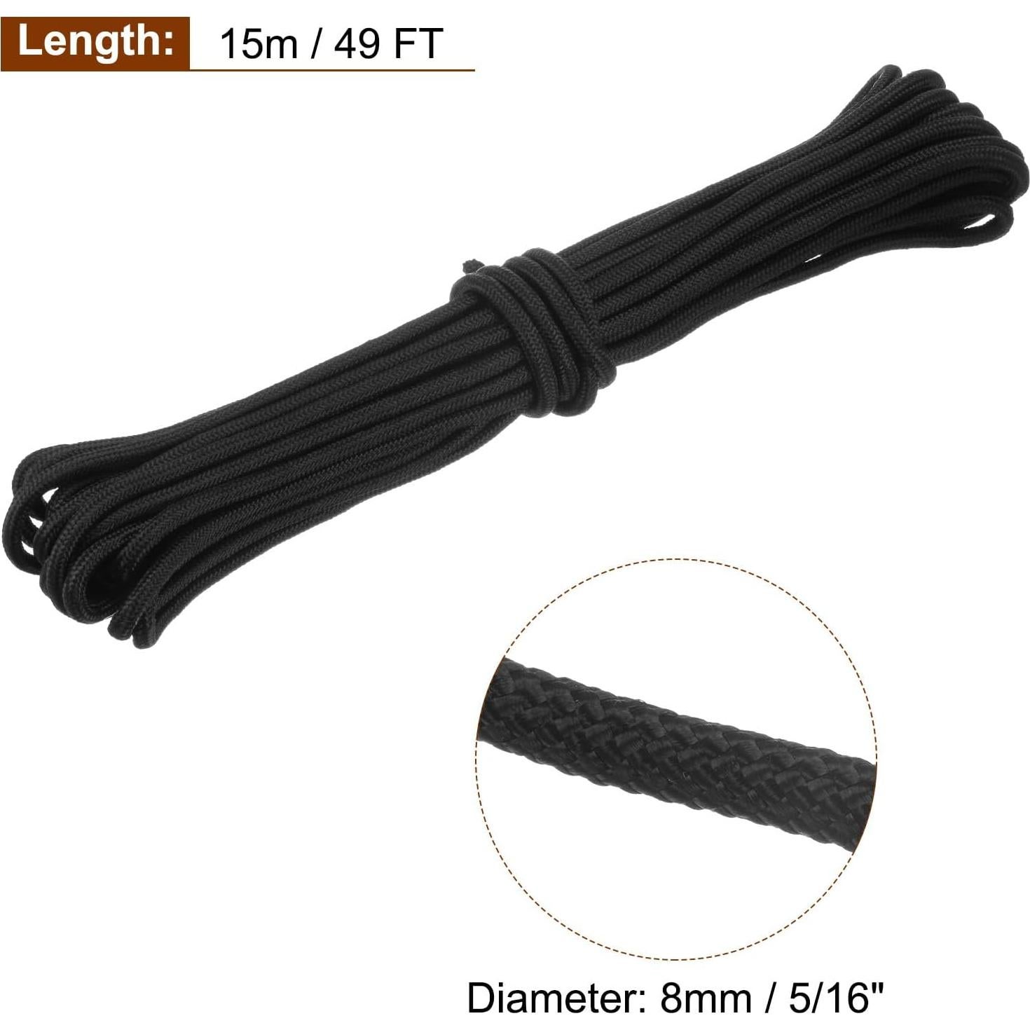 Cuerda de Poliéster Trenzada 15m 8mm Negra uxcell - Camping, Pesca