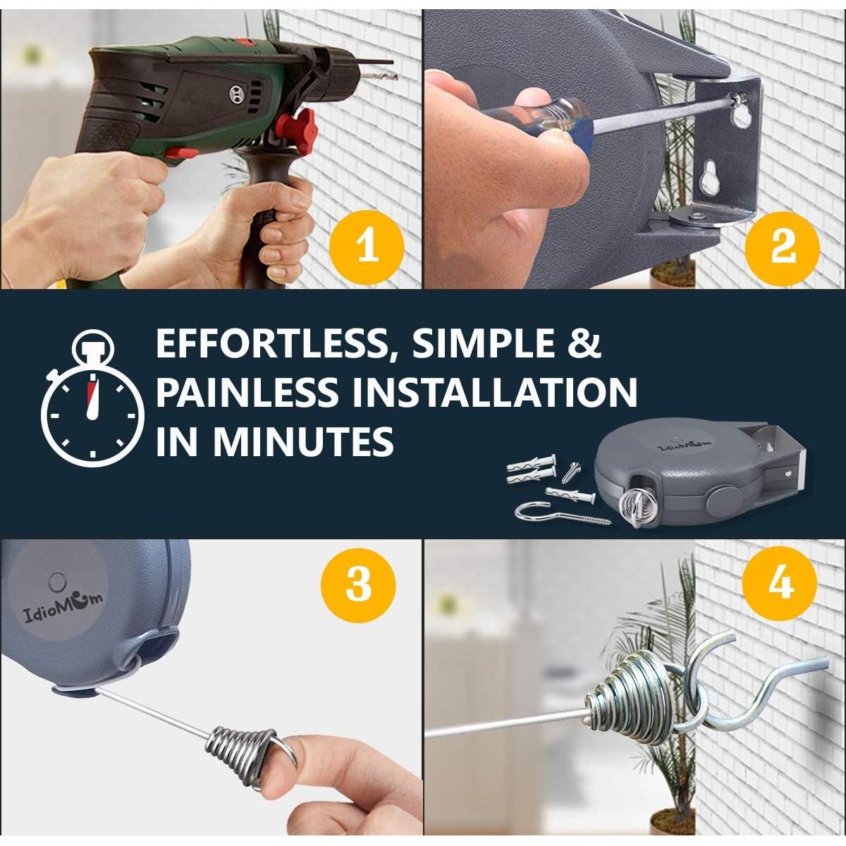 Cuerda de Ropa Retráctil IDIOMUM 12 Pinzas 12 m Alta Resistencia