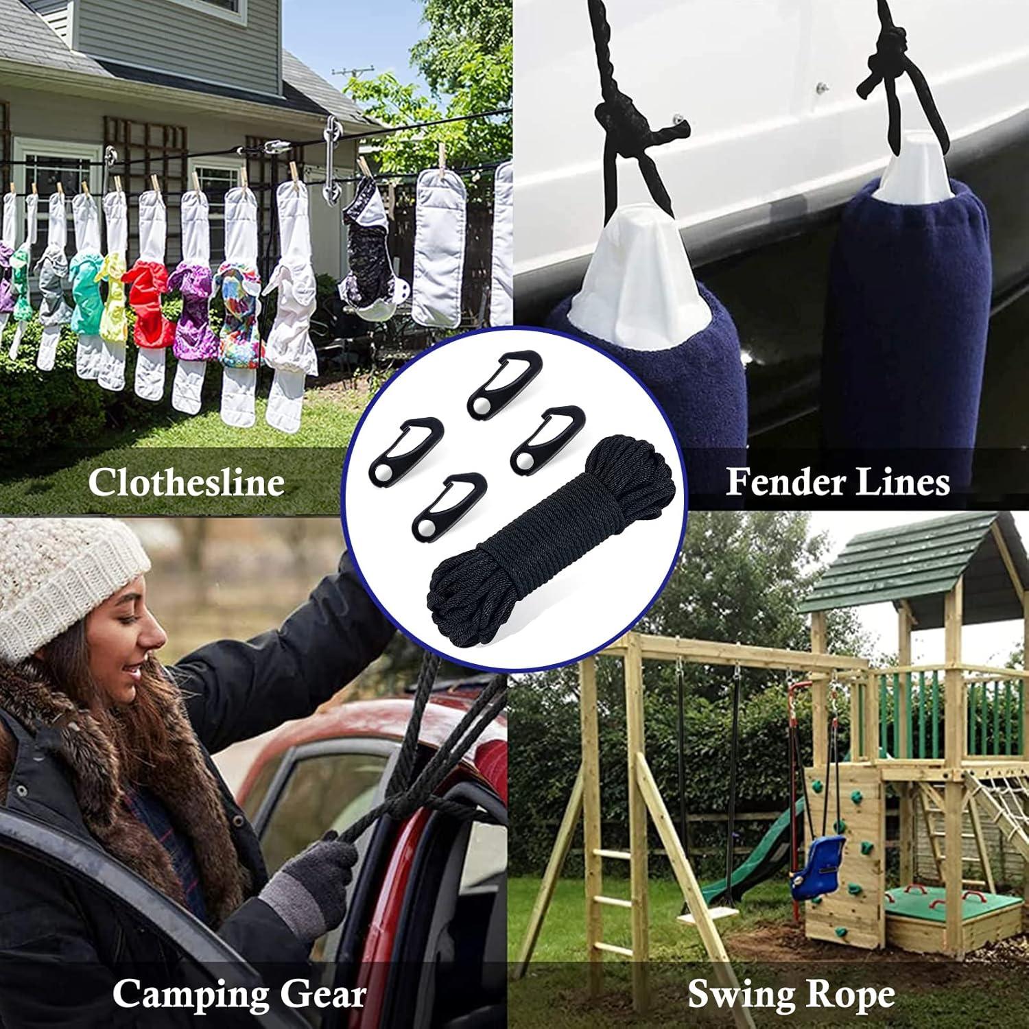 Kit Cuerda Nylon 50FT NQ con 4 Clips Gancho - Negro