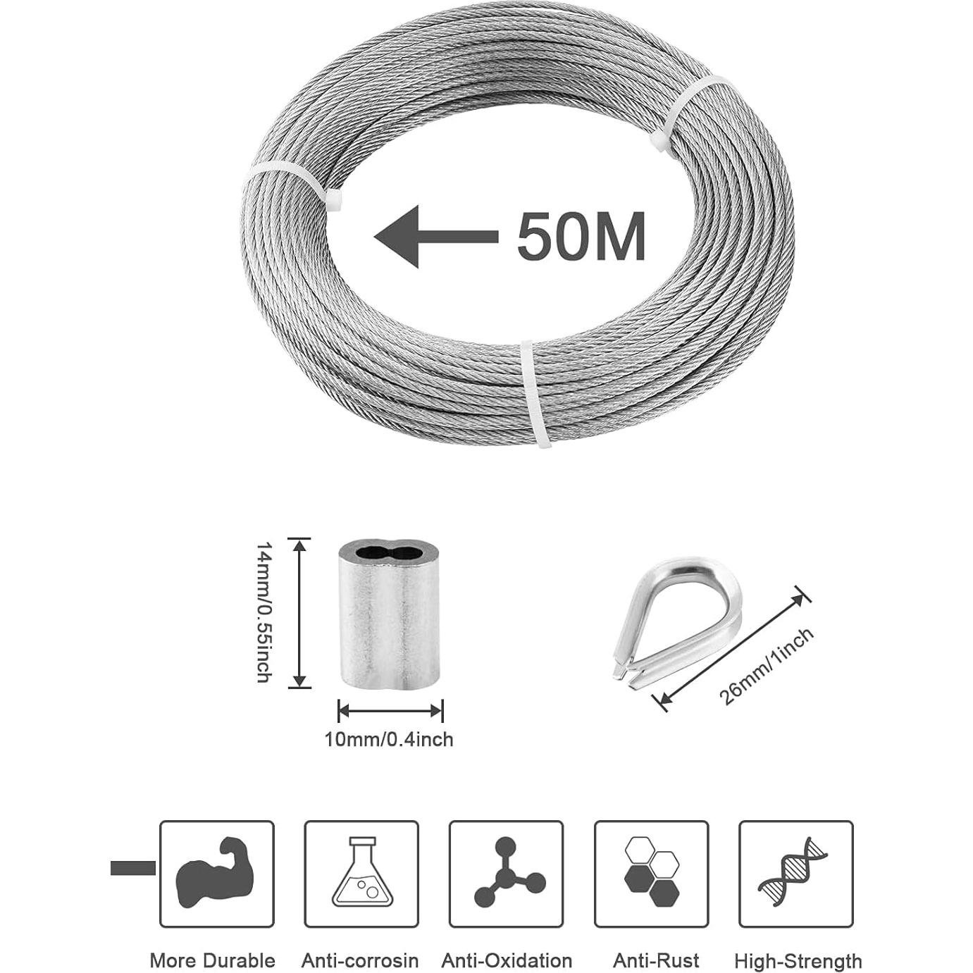 Kit de Cable de Acero Inoxidable 3mm TooTaci 50m con Accesorios
