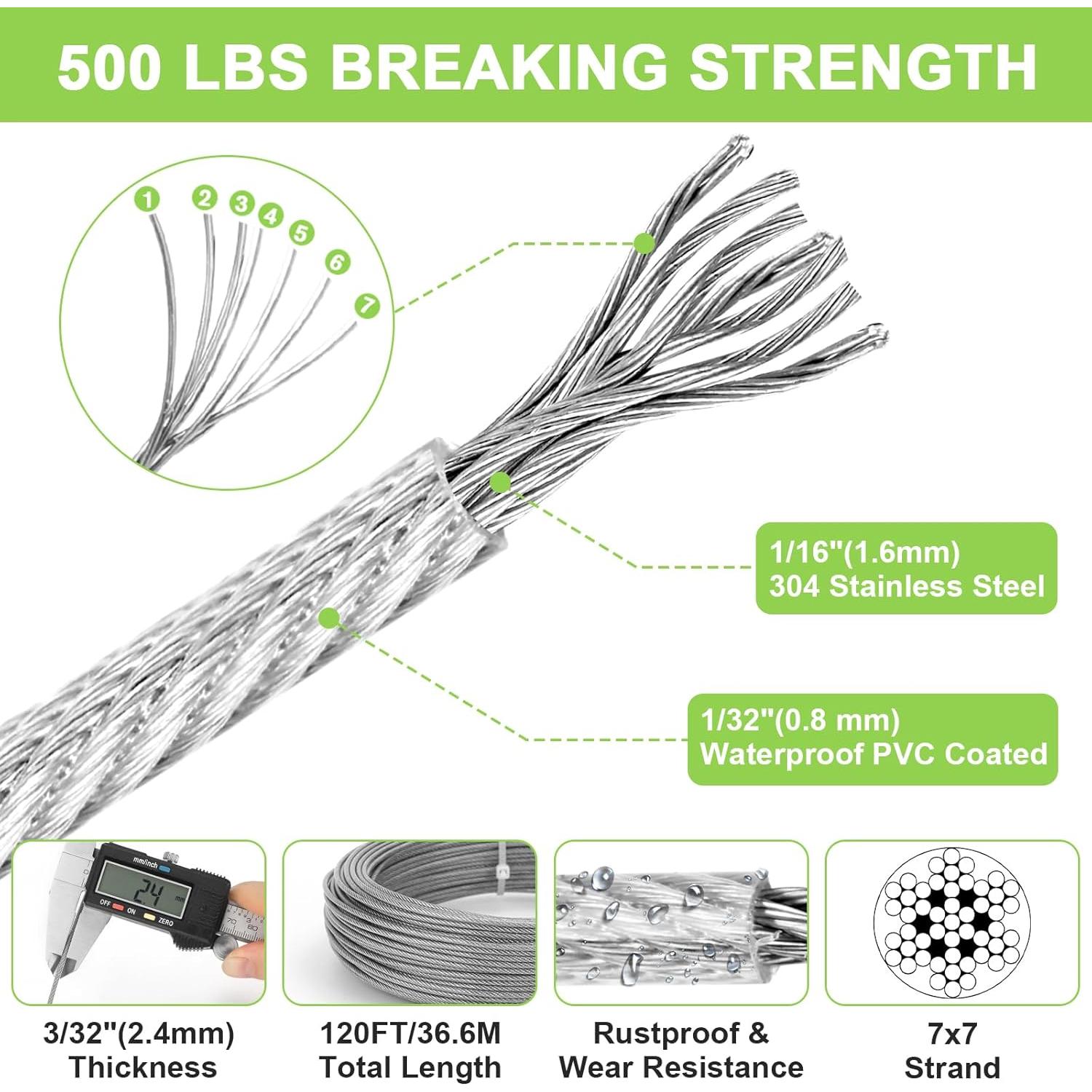 Kit de Cable de Acero Inoxidable MAPVOLUT 36.58m 1.59mm con Tensores