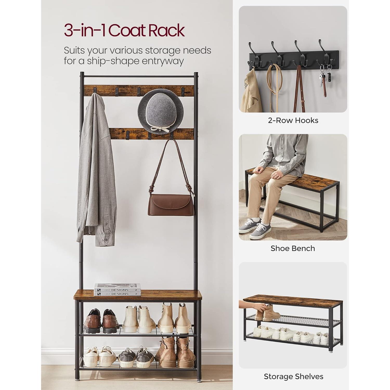 Perchero 3-en-1 VASAGLE con Banco y Almacenamiento, Marrón Rústico