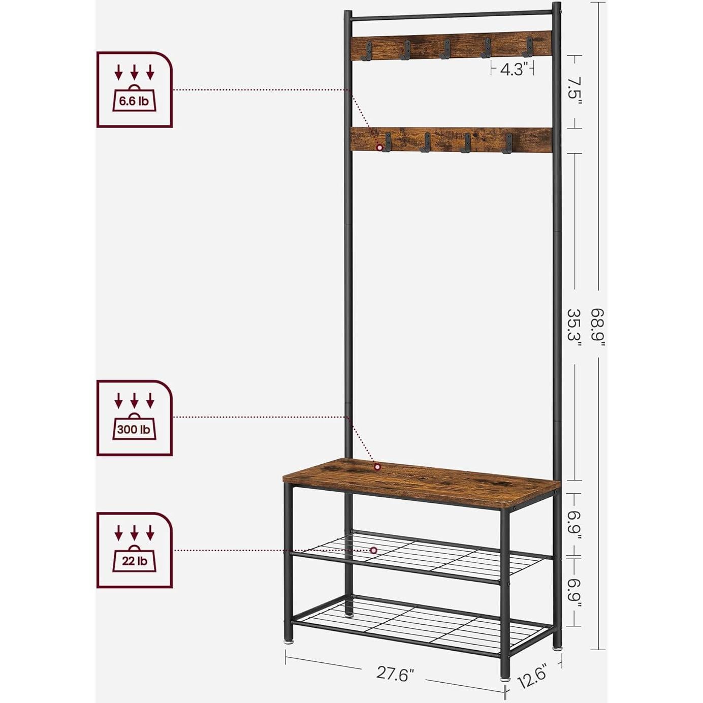 Perchero 3-en-1 VASAGLE con Banco y Almacenamiento, Marrón Rústico