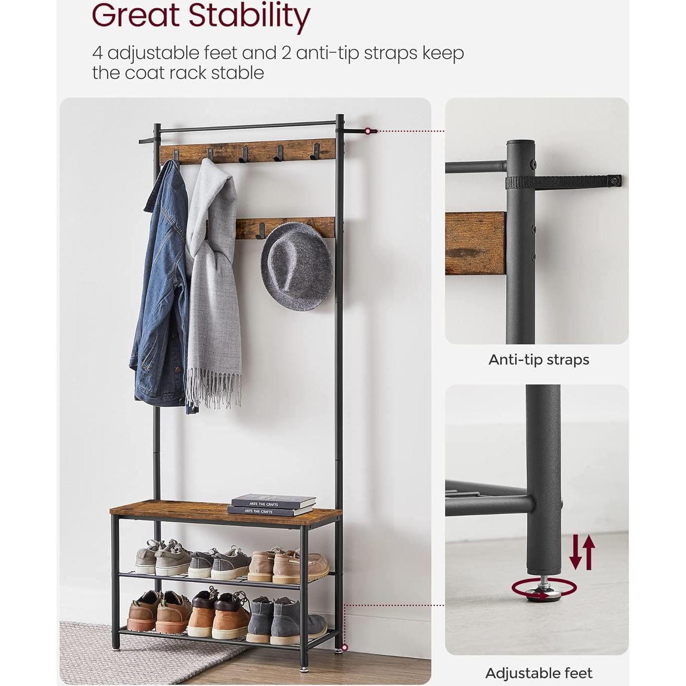 Perchero 3-en-1 VASAGLE con Banco y Almacenamiento, Marrón Rústico