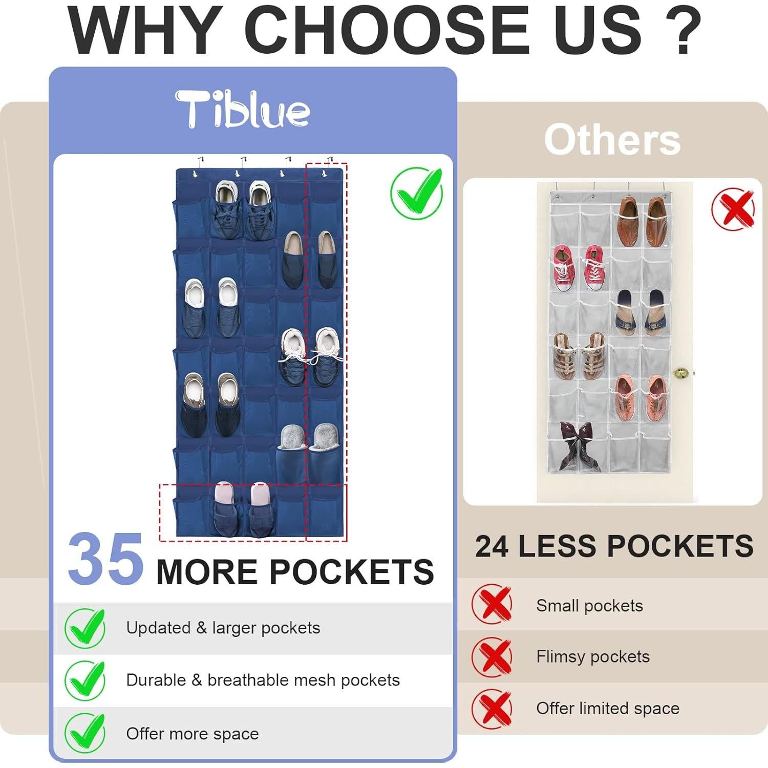 Organizador de Zapatos Colgante Tiblue 35 Bolsillos Malla Azul