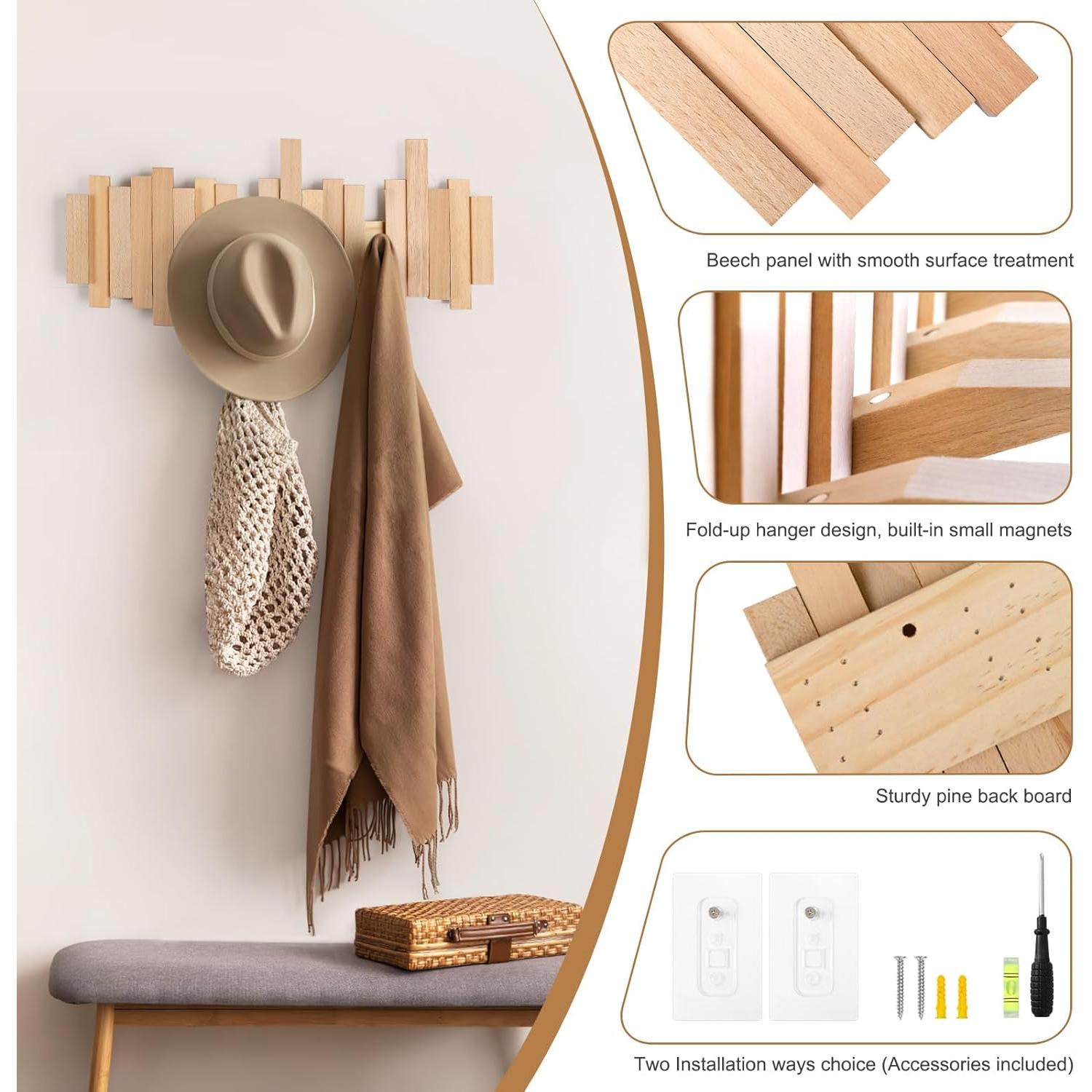 Perchero de Madera Ufine Plegable 6 Ganchos Montado en Pared