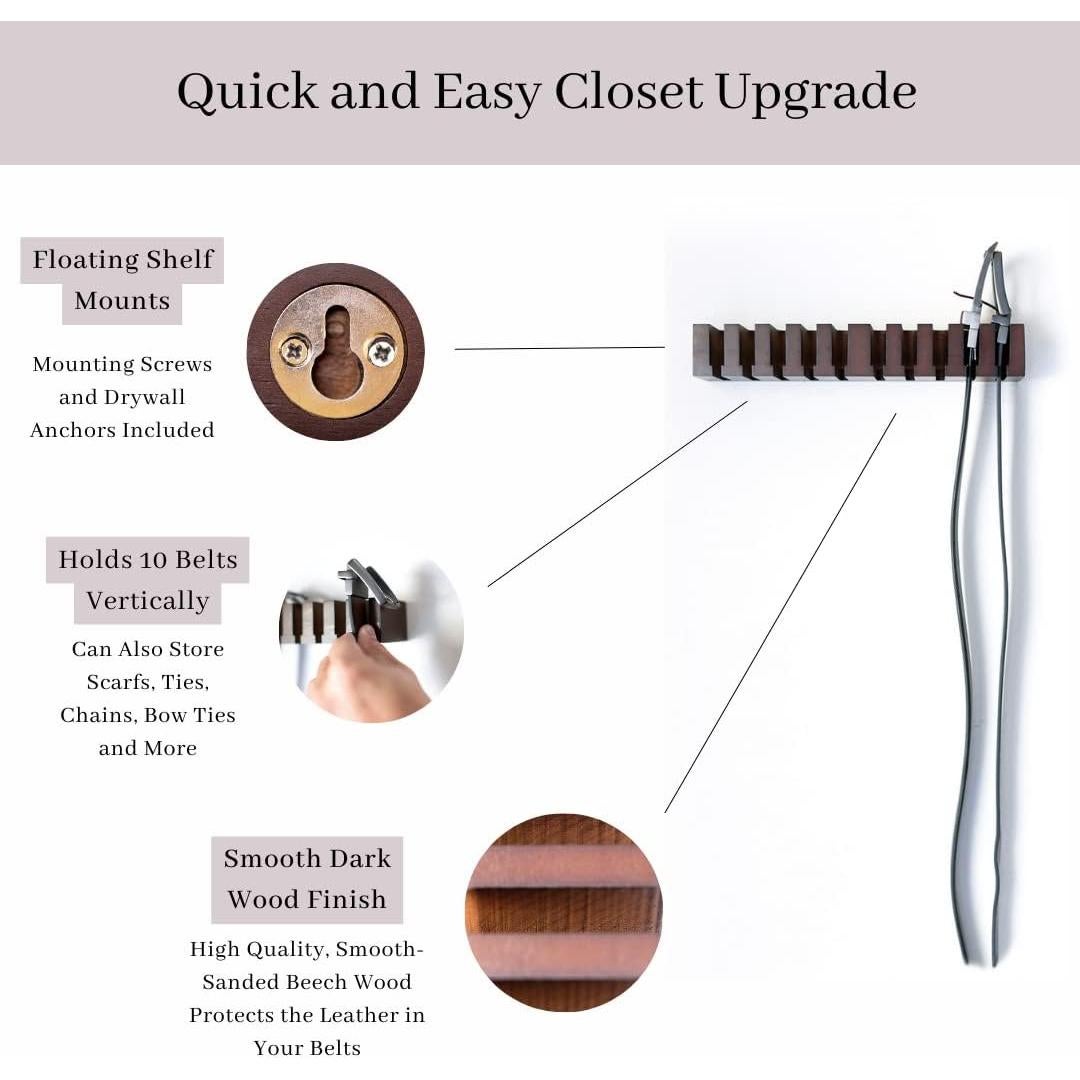 Perchero de Cinturones Coastal Tide de Madera Oscura - Soporte para 10 Cinturones