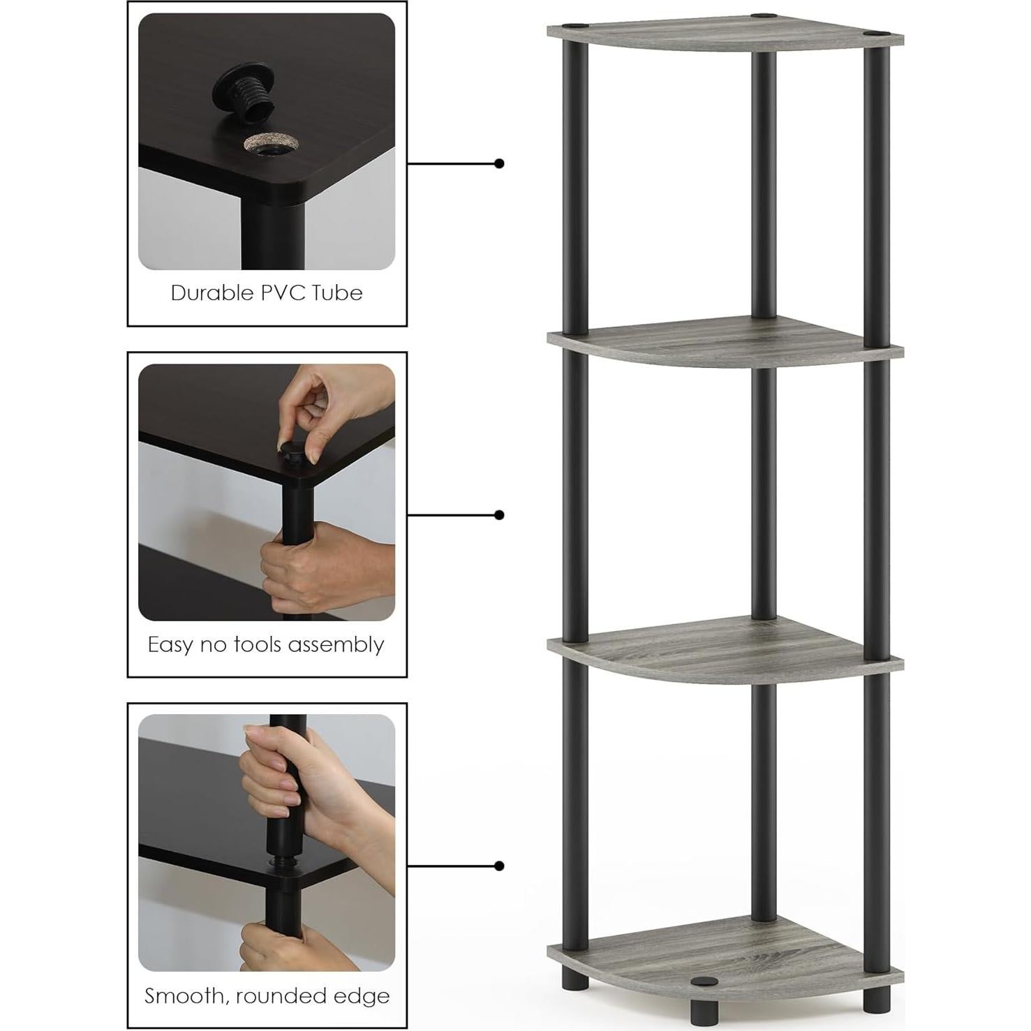 Estante de Esquina 4 Niveles Furinno Turn-N-Tube Roble Gris/Negro