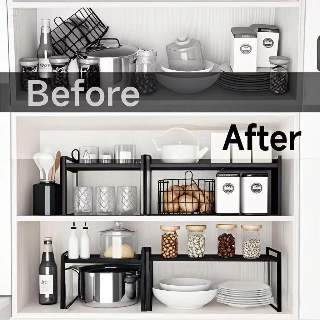 Estante de Microondas Ajustable de Metal Negro 2 Niveles