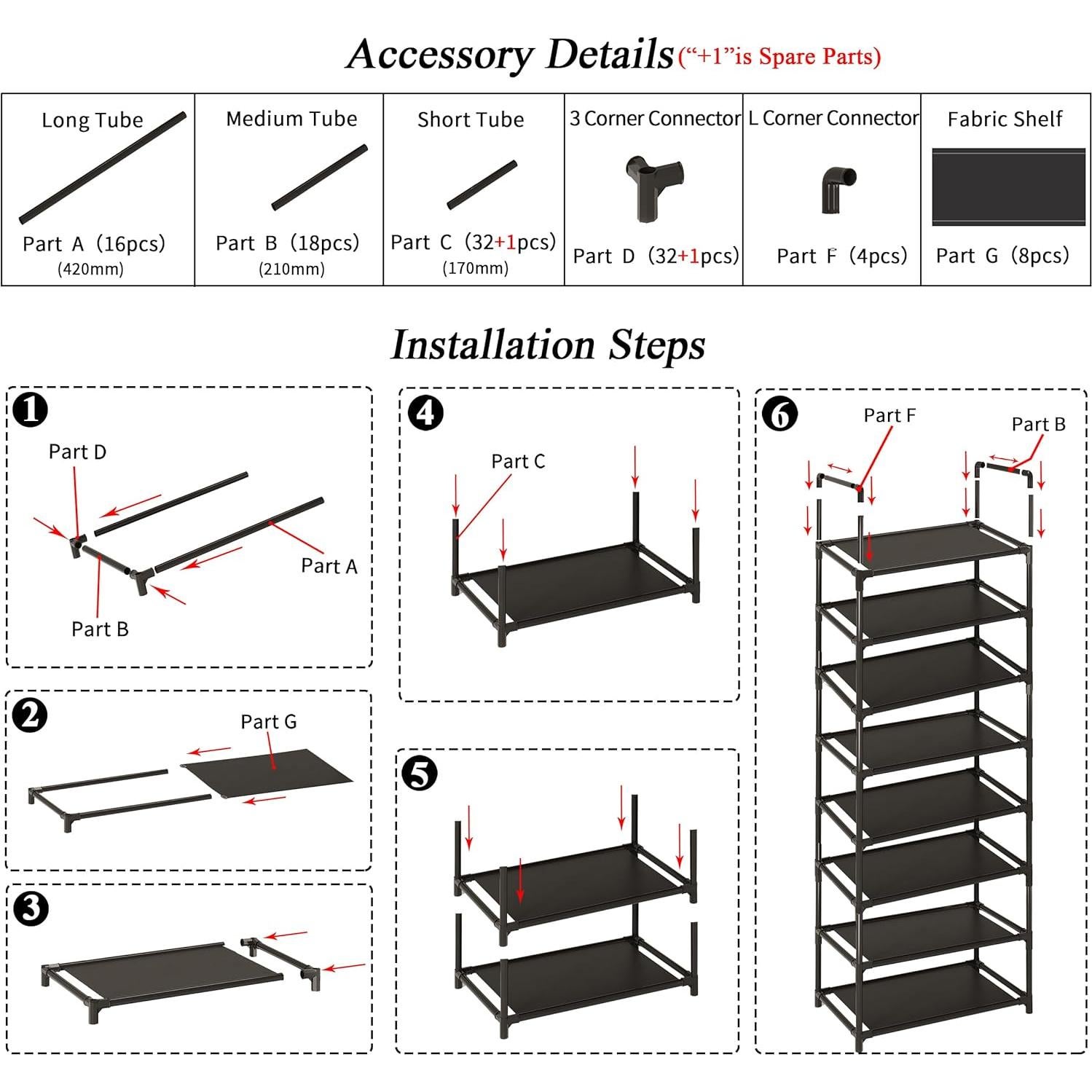 Estante para zapatos MUAHRCE 8 niveles ajustable Blanco 45.7x25.4x147.3 cm
