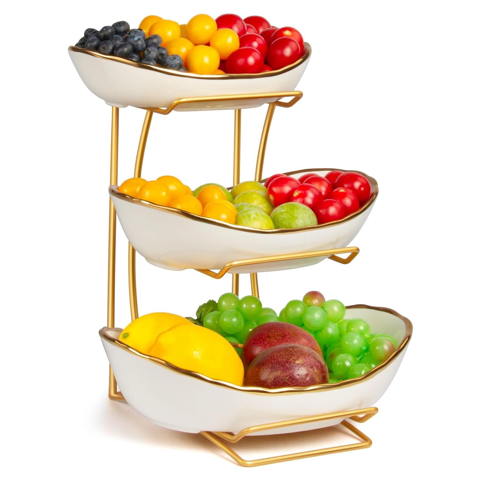 Canasta de Frutas de 3 Niveles YUNLINLI - Soporte Cerámica y Metal