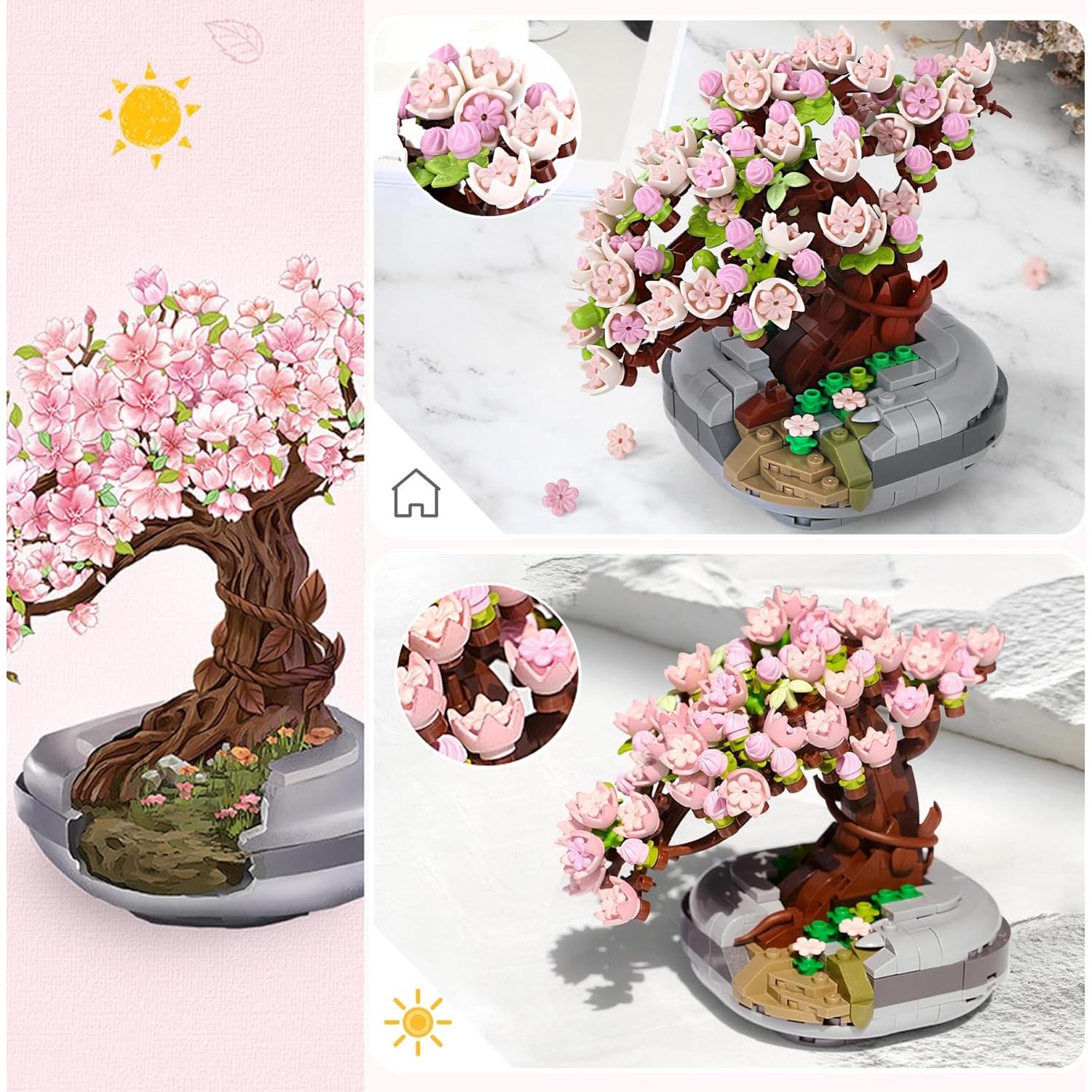 Mini Bricks Cherry Blossoms Plant Building Kit,Bonsai DIY Simulating Plant Ecology Collection Building Toy,Bouquet Set Gifts for Adults, Children