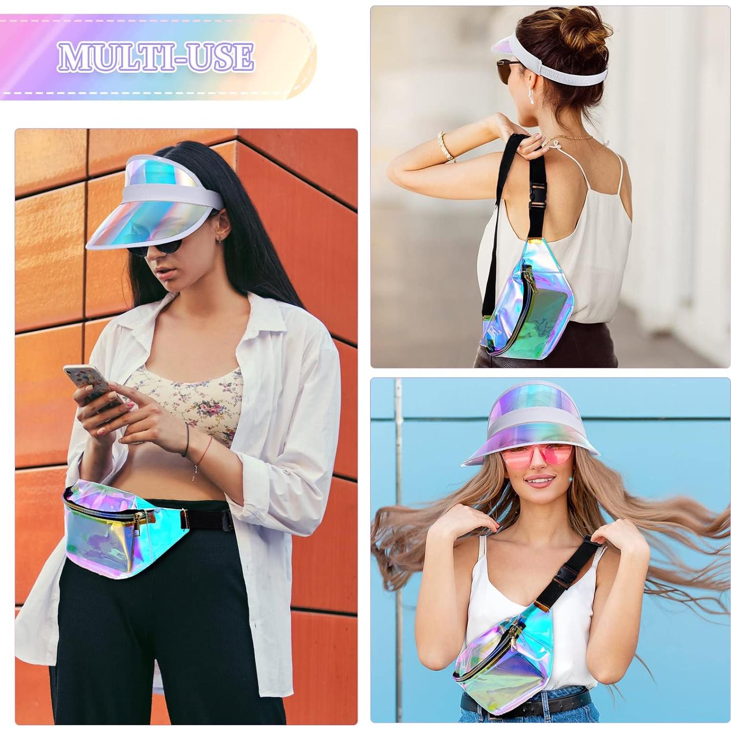 Paquete de 10 Sombreros Visera de Sol y Riñoneras Holográficas