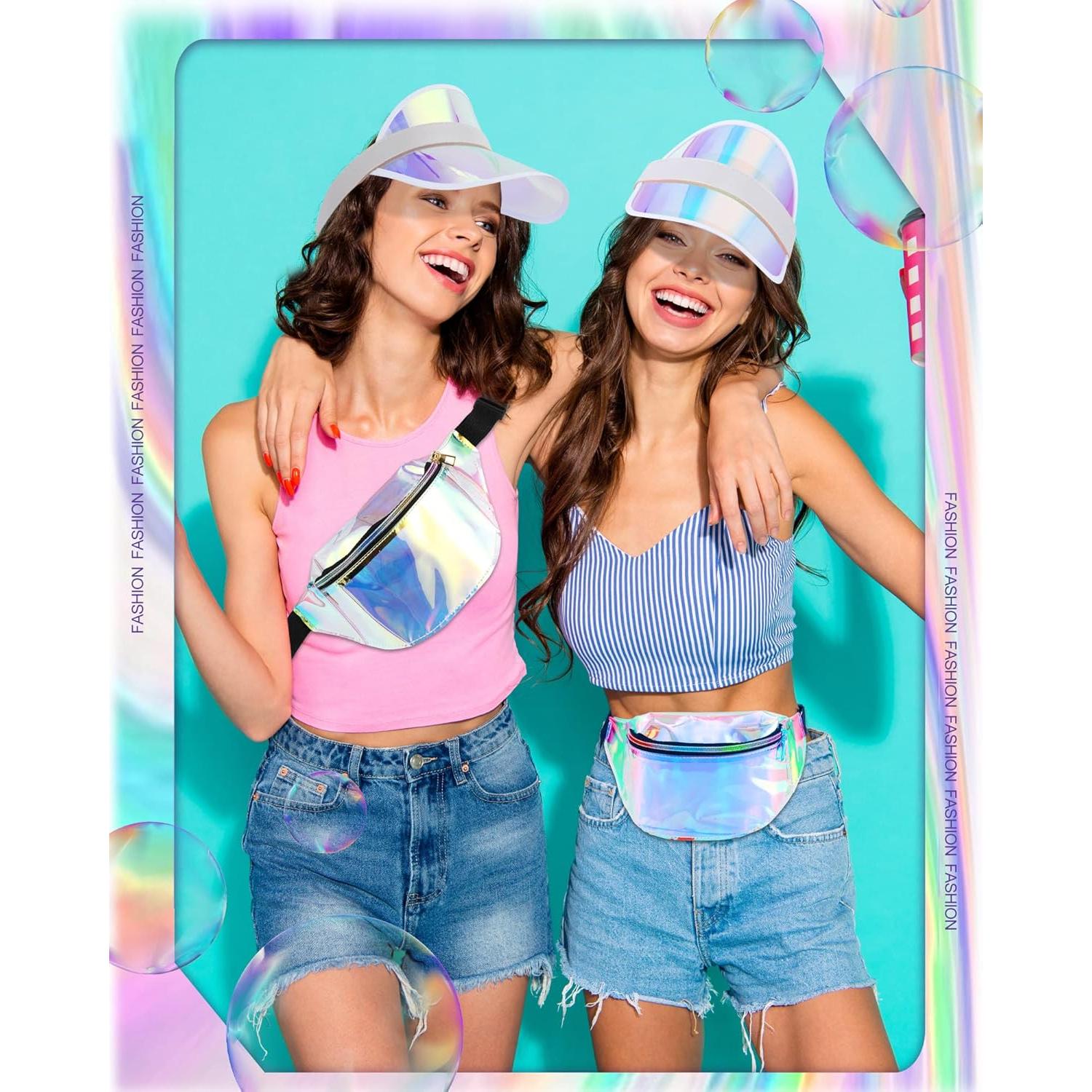 Conjunto 12 Sombreros Visera y 12 Paquetes Cintura Holográficos Jeyiour