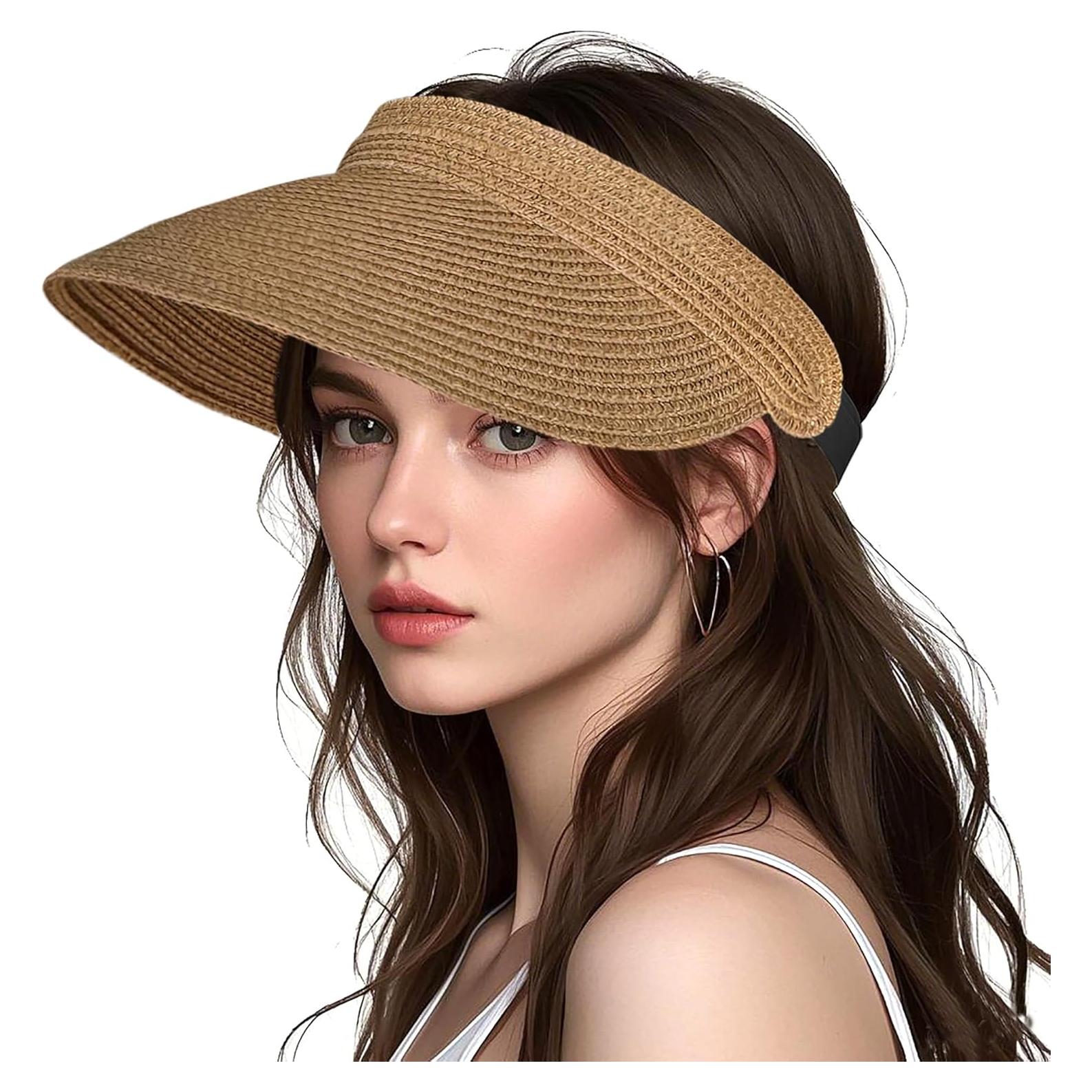 Sombrero Visera Solar Plegable Mujer Paja Caqui Protección UV
