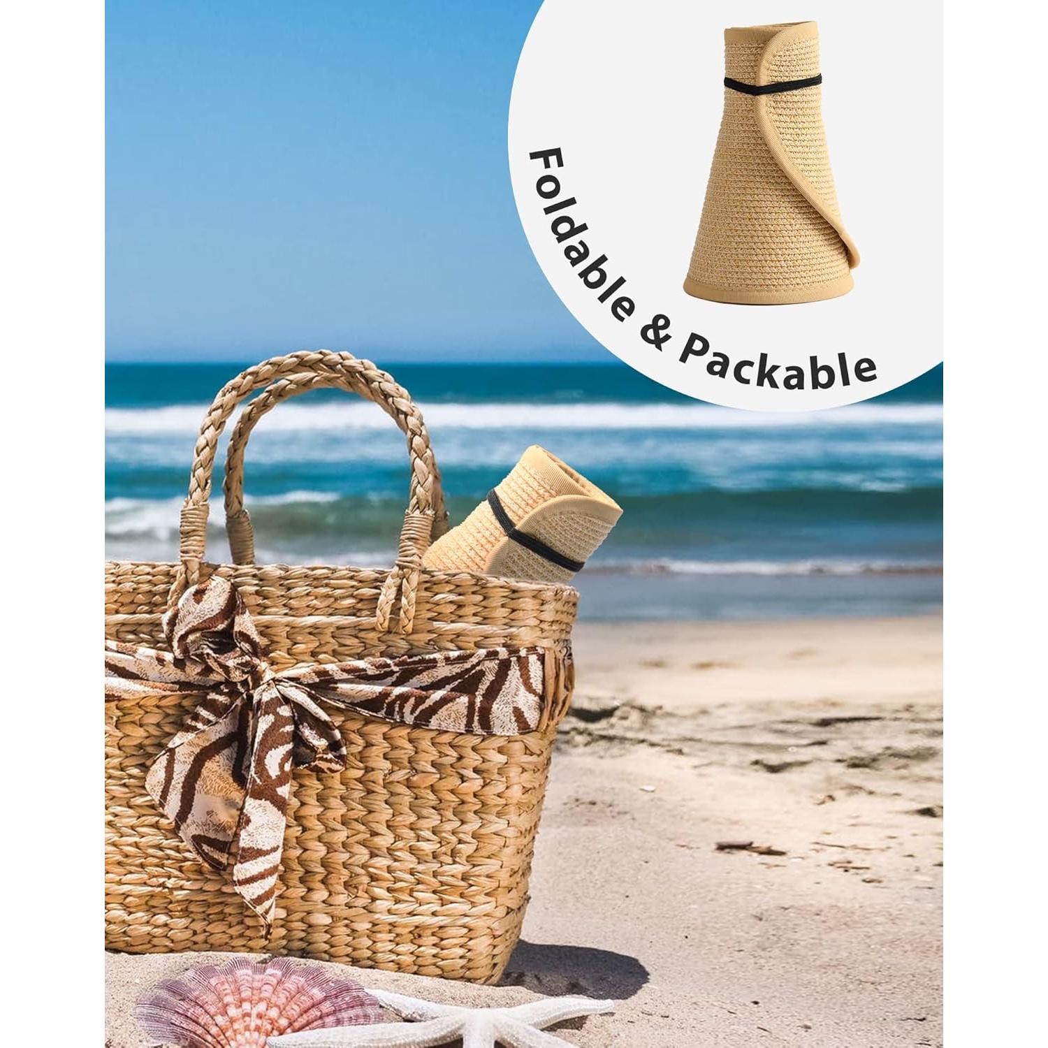 Sombrero de Playa FURTALK Paja Ancha UV Plegable Beige
