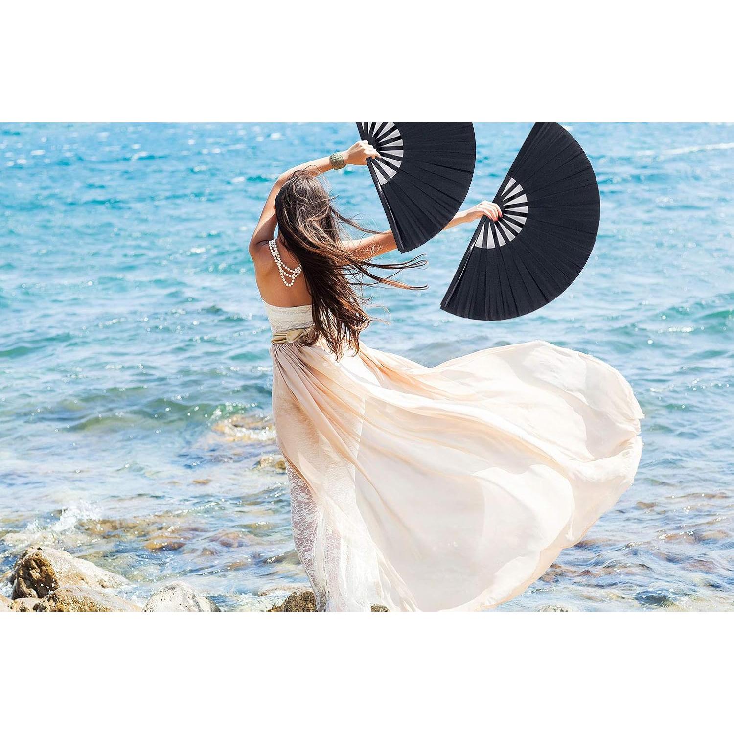 Abanico Plegable Grande STHUAHE Negro para Rave y Danza