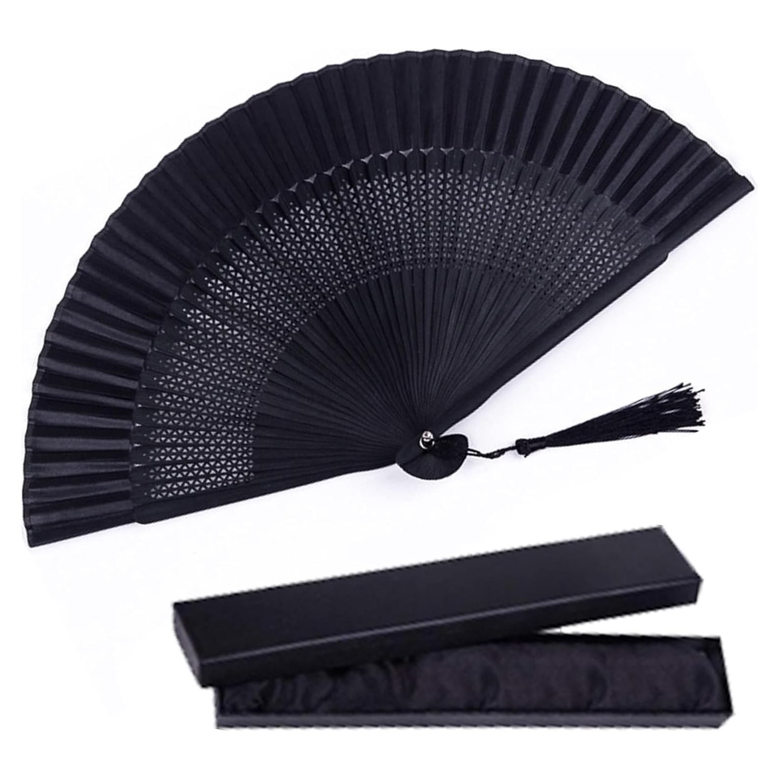 Abanico Plegable de Bambú y Seda Negro Vintage 21cm