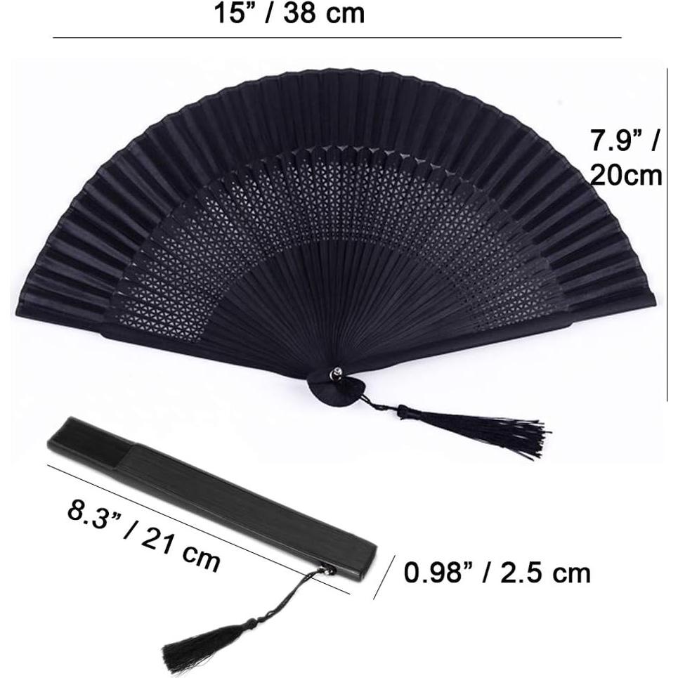 Abanico Plegable de Bambú y Seda Negro Vintage 21cm